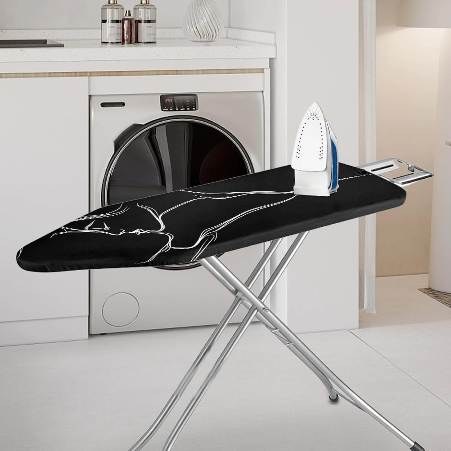 Large Ironing Board Cover and Pad 59x19 Black Geometric Art Iron Table Cover with Padding,Extra Wide,Resist Scorching and Staining,Heatproof,Adjustable Fastener Durable Stain