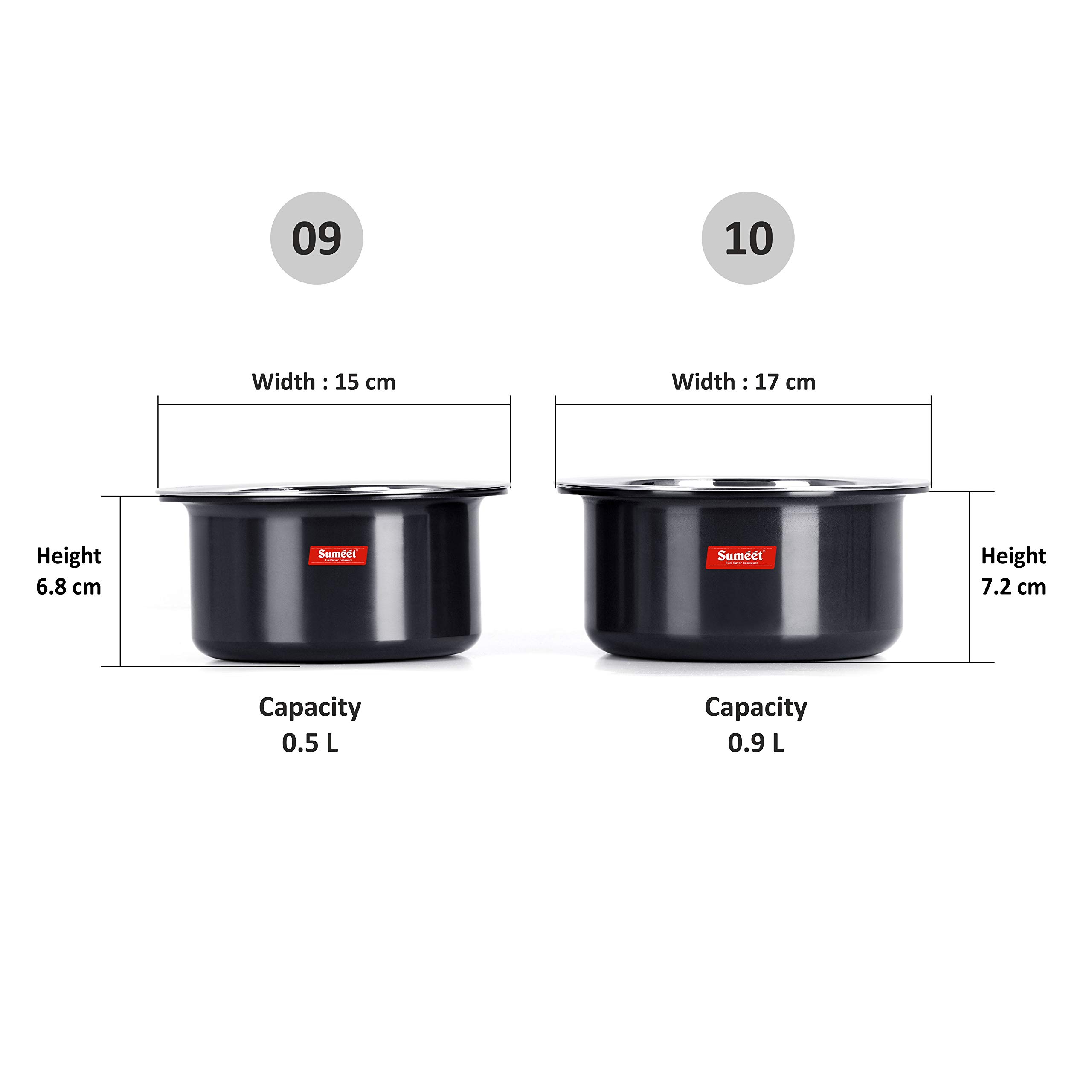 Sumeet Aluminium 3Mm Thick Hard Anodized Tope Set Of 2 Pc With S.S. Lid Size No.09 (0.5 Liter), No. 10 (0.9 Liter), Black 2