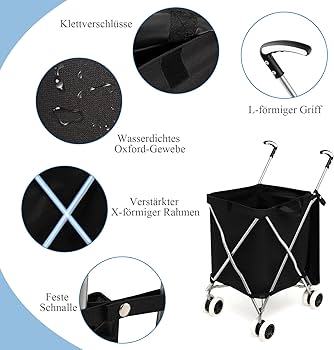 COSTWAY Foldable Shopping Trolley with Wheels, Capacity 90 L/55 kg, Hand Cart with Removable Oxford Bag, Collapsible Trolley Bag with Handle, for