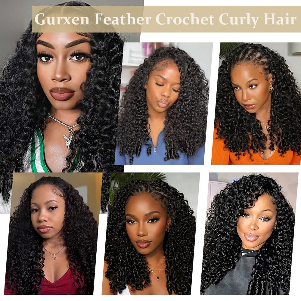 Feather Crochet Hair for Black Women Burmese Curly Synthetic Crochet Bundles 16 Inch 100g 60stands Pre-Separated Wet and Wavy Invisible Miracle Knots Hair Natural Black（60stands)