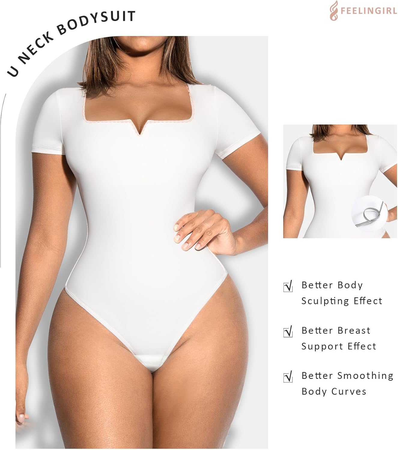 FeelinGirl Square Neck Bodysuit for Women Short Sleeve Tummy Control Slimming Bodysuit Going Out Tank Tops - Image 3