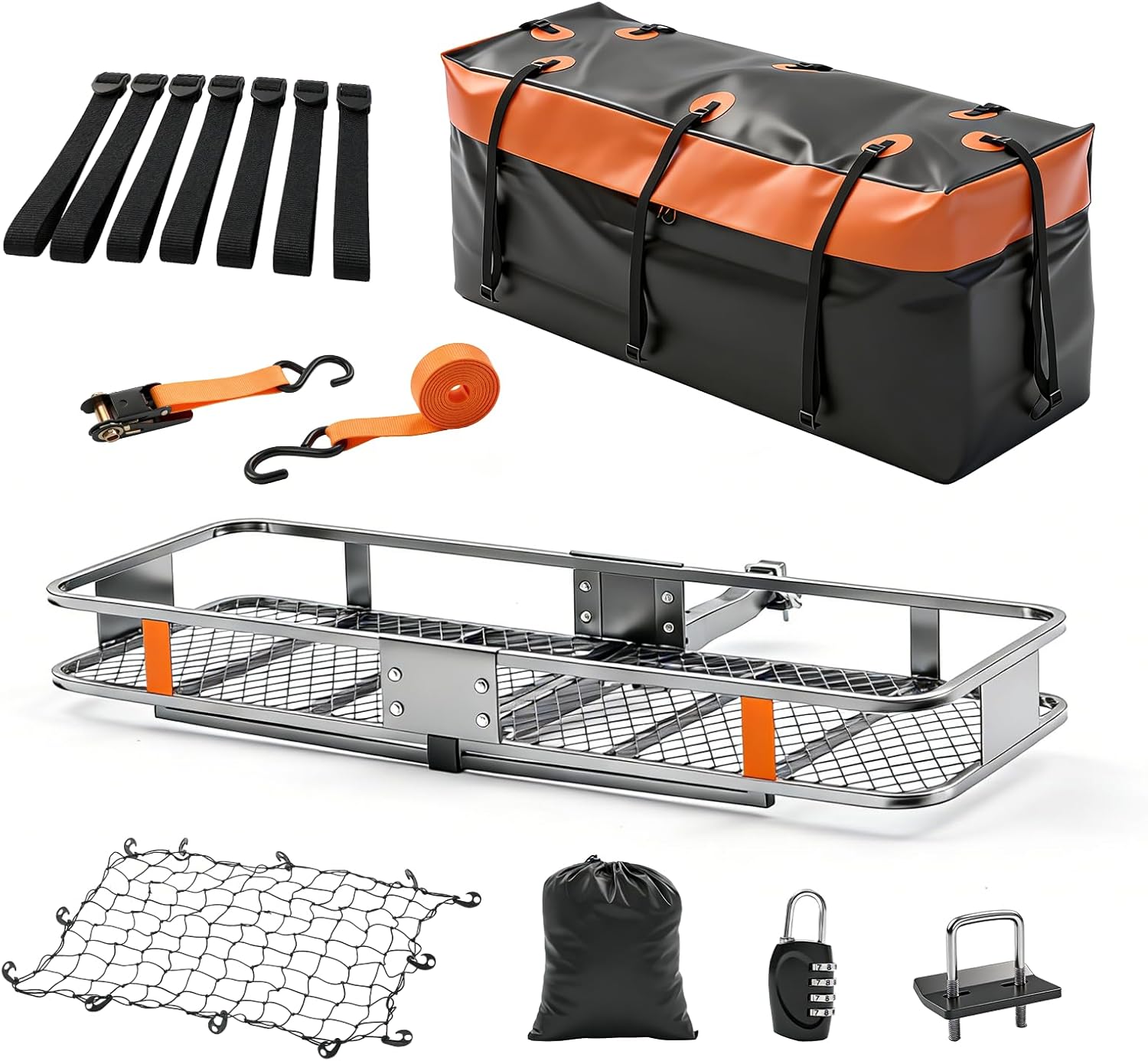 OLIXIS Folding Hitch Mount Cargo Carrier Basket 60x21x6 with Waterproof Luggage Bag 16 Cubic Feet, 500 Lbs Capacity Cargo Basket, with Hitch Stabilizer, Straps, Net