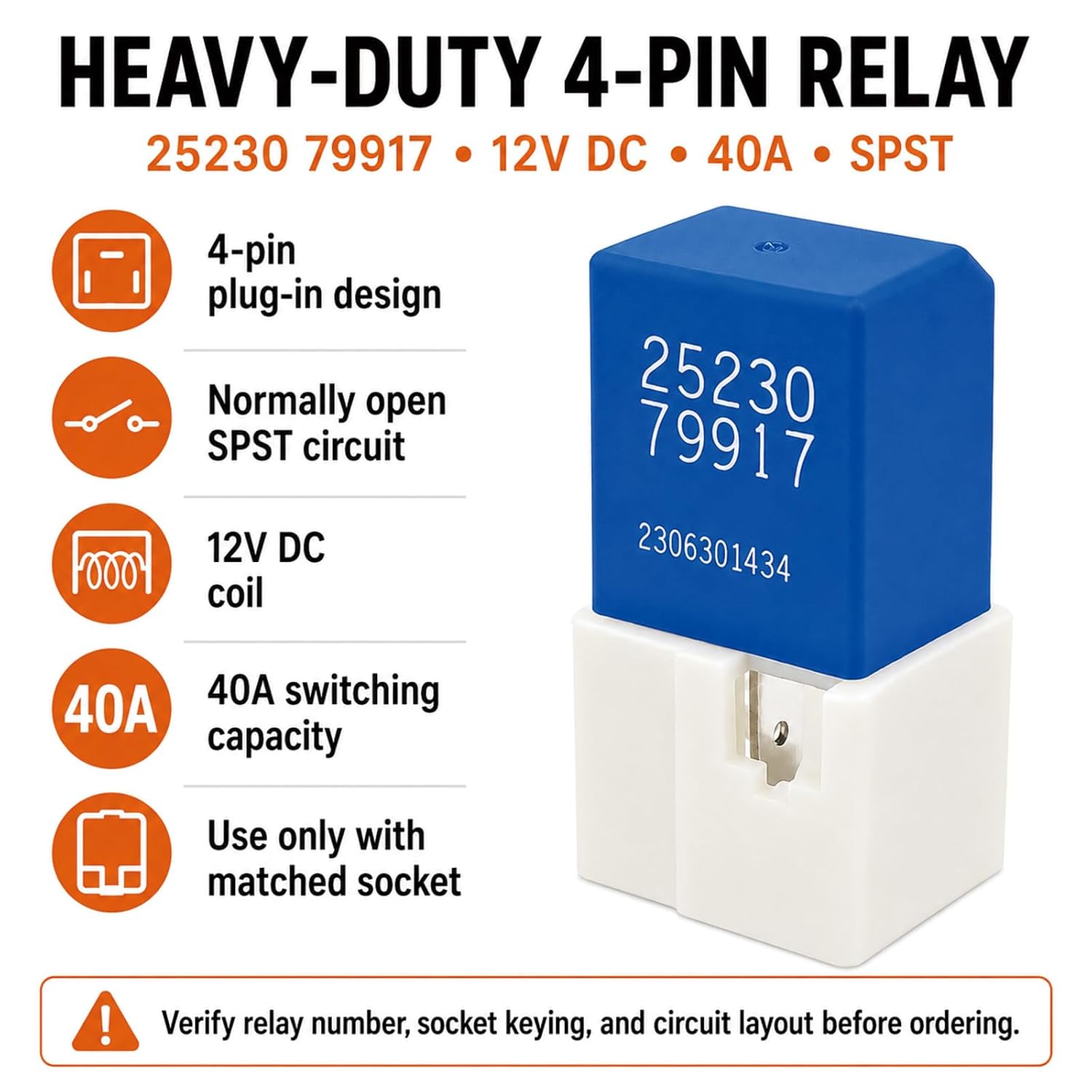 25230-79917 Relay 12V DC 40A 4-Pin SPST Normally Open (3-Pack) Compatible with Select Nissan and Infiniti Applications, Plug-in Relay for Trailer Tow Light and Turn Signal Circuits