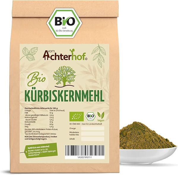 Kürbiskernmehl Bio 1000g | mit 60% Proteingehalt | pflanzliche Eiweißquelle | Proteingehalt von 60g Eiweiß pro 100g | höchste Bioqualität | für süße als auch herzhafte Speisen | vom Achterhof - 1