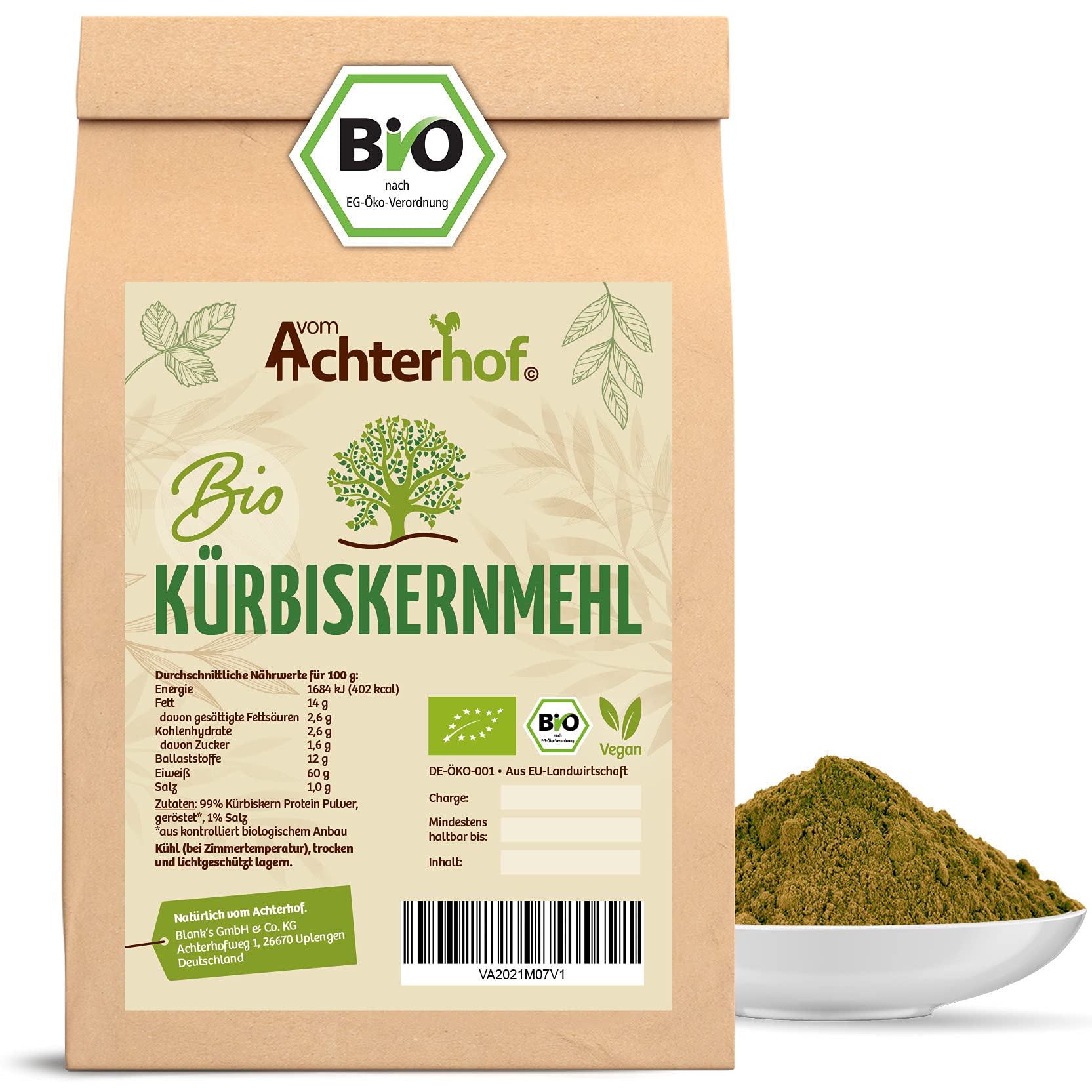 Kürbiskernmehl Bio 500g | mit 60% Proteingehalt | pflanzliche Eiweißquelle | Proteingehalt von 60g Eiweiß pro 100g | höchste Bioqualität | für süße als auch herzhafte Speisen | vom Achterhof
