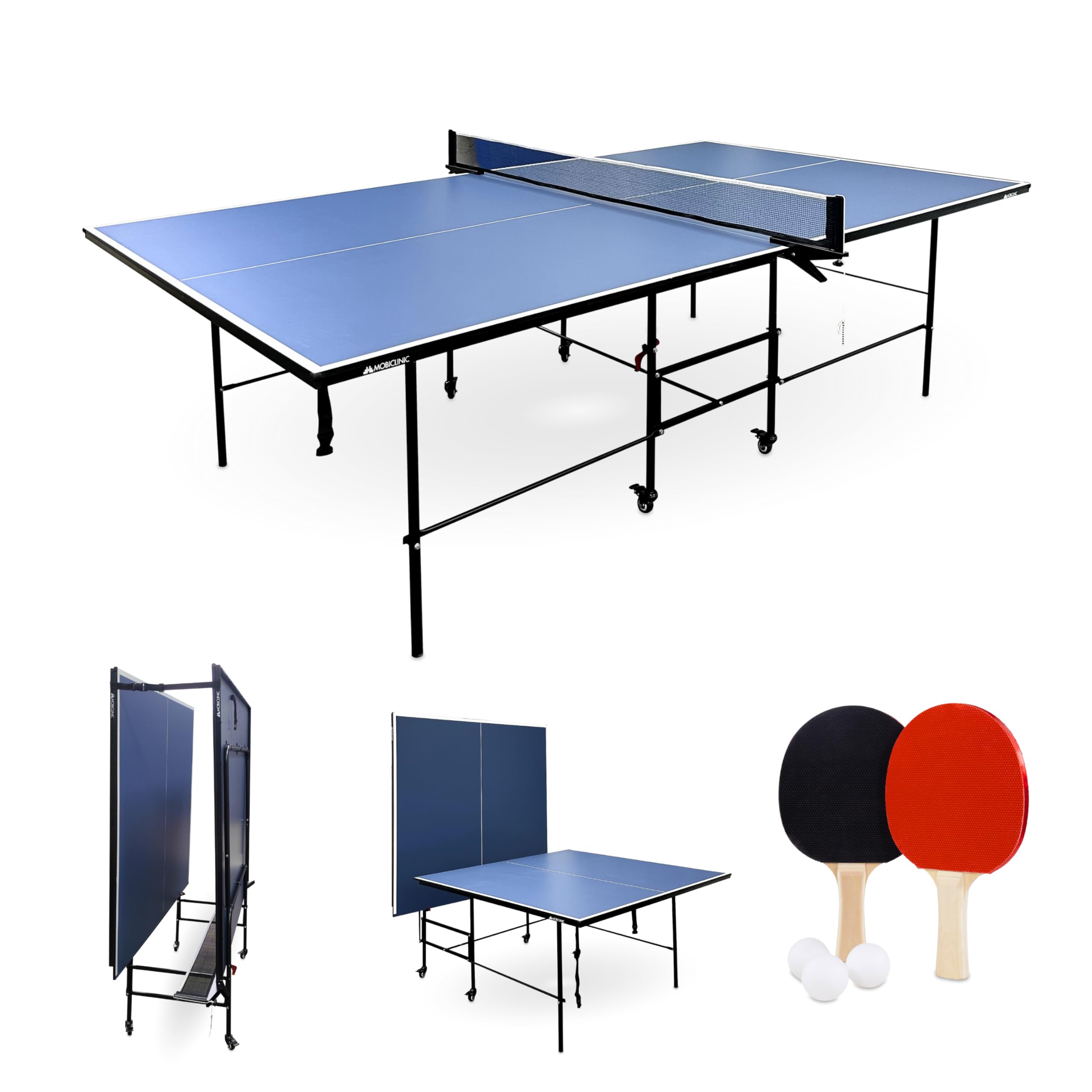 Mobiclinic®, Mesa de Ping Pong Plegable, 274x152’5x76 cm, Incluye Red y Funda Protectora, 2 Palas, 3 Pelotas, Ruedas 360º con Bloqueo, Tokyo, Asas de Transporte, Azul