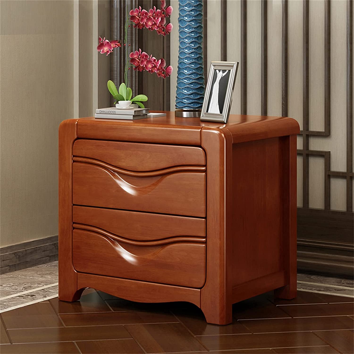 Table de chevet étroite rétro en bois massif avec deux tiroirs de rangement silencieux - 8