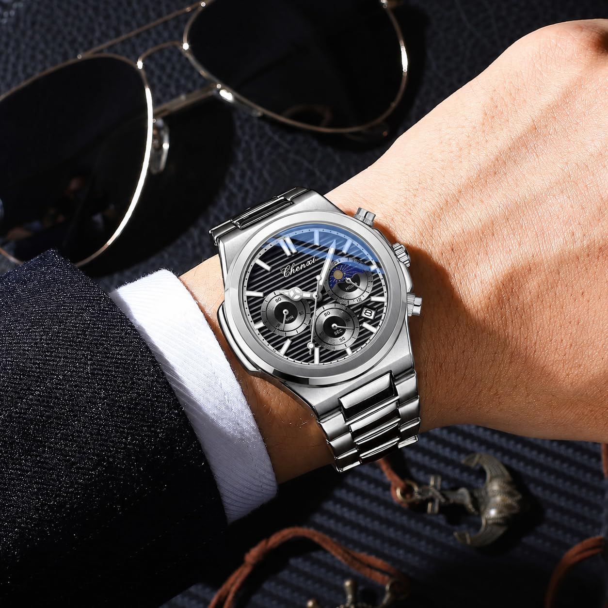 Gosasa - Orologio da uomo alla moda, in acciaio inox, movimento al quarzo, luminoso, impermeabile, con display analogico