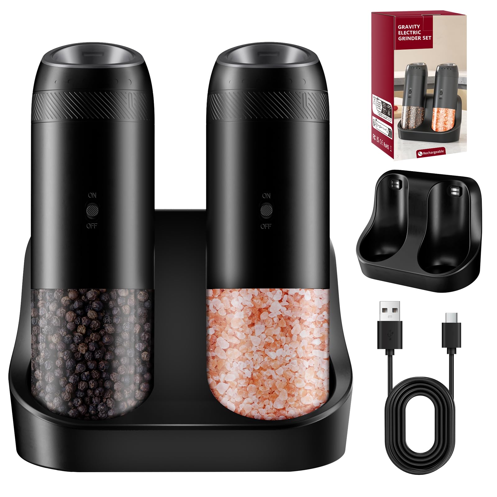LARS NYSM Elektrische Zout- en Pepermolen | Automatische Molen Set van Roestvrij Staal met Instelbare Keramische Maalwerk | USB-Oplaadbare Kruidenmolens met LED-verlichting (Carbon Black