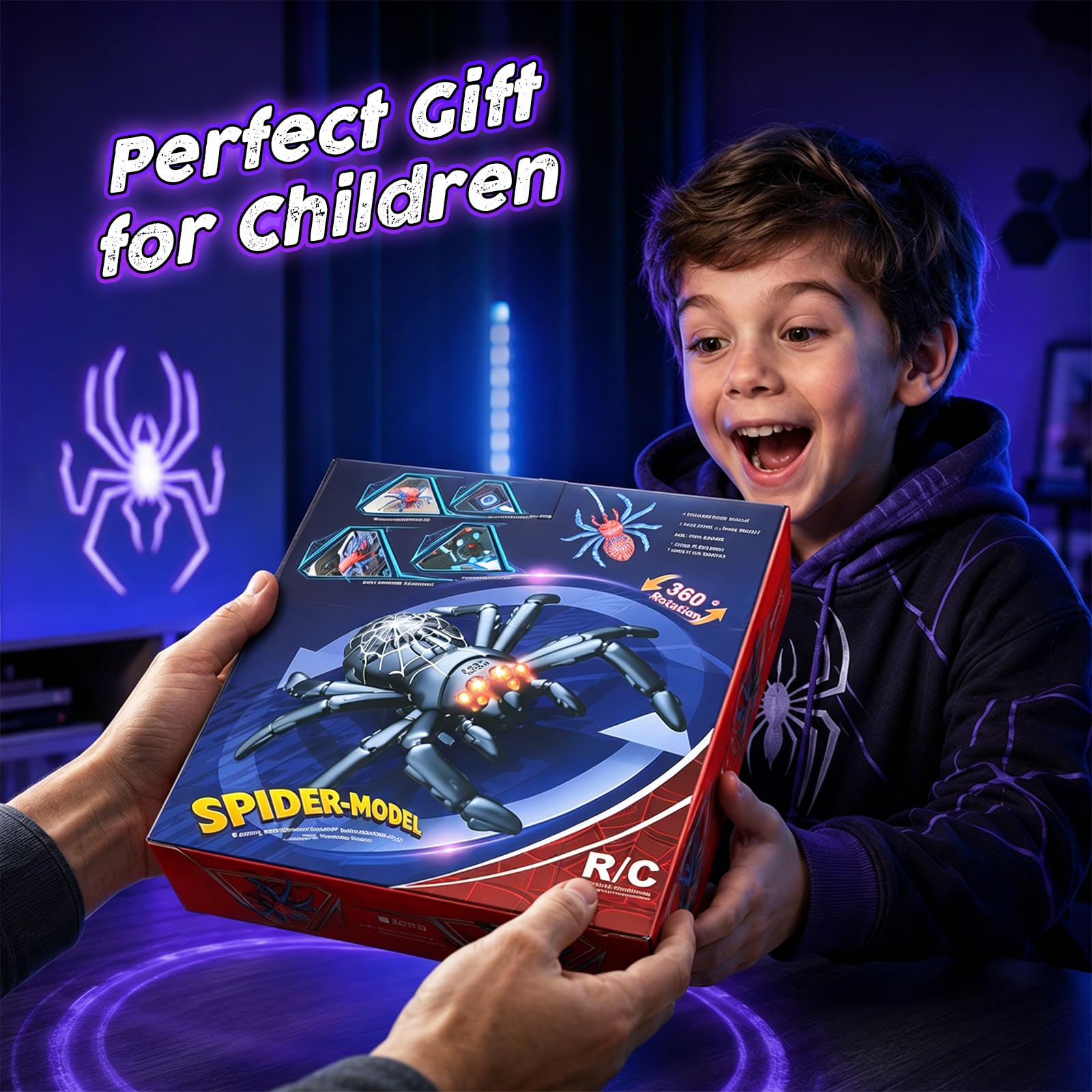 Ferngesteuerte Spinne Spielzeug Auto, RC Wandkletterspinne mit 360° Rotation, Stunt RC Auto zum Krabbeln an Wänden & Boden, Kletterspinne Spielzeug Geschenk für Jungen und Mädchen, Schwarz