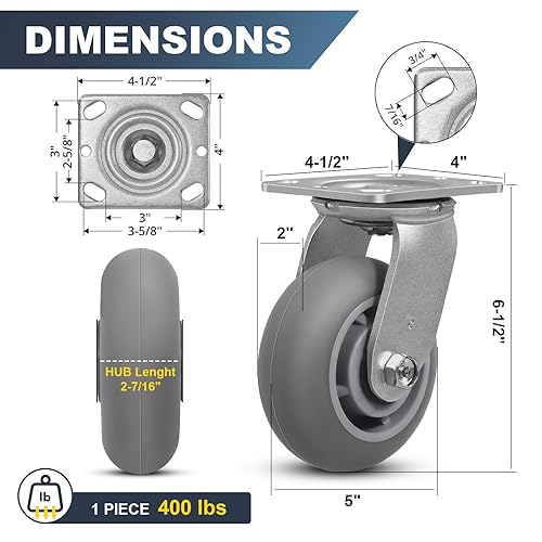 Miniatura 9 de Ruedas de goma termoplástica de 4 pulgadas (banda de rodadura de corona), capacidad de 350 libras, ruedas giratorias sin ruido para muebles,