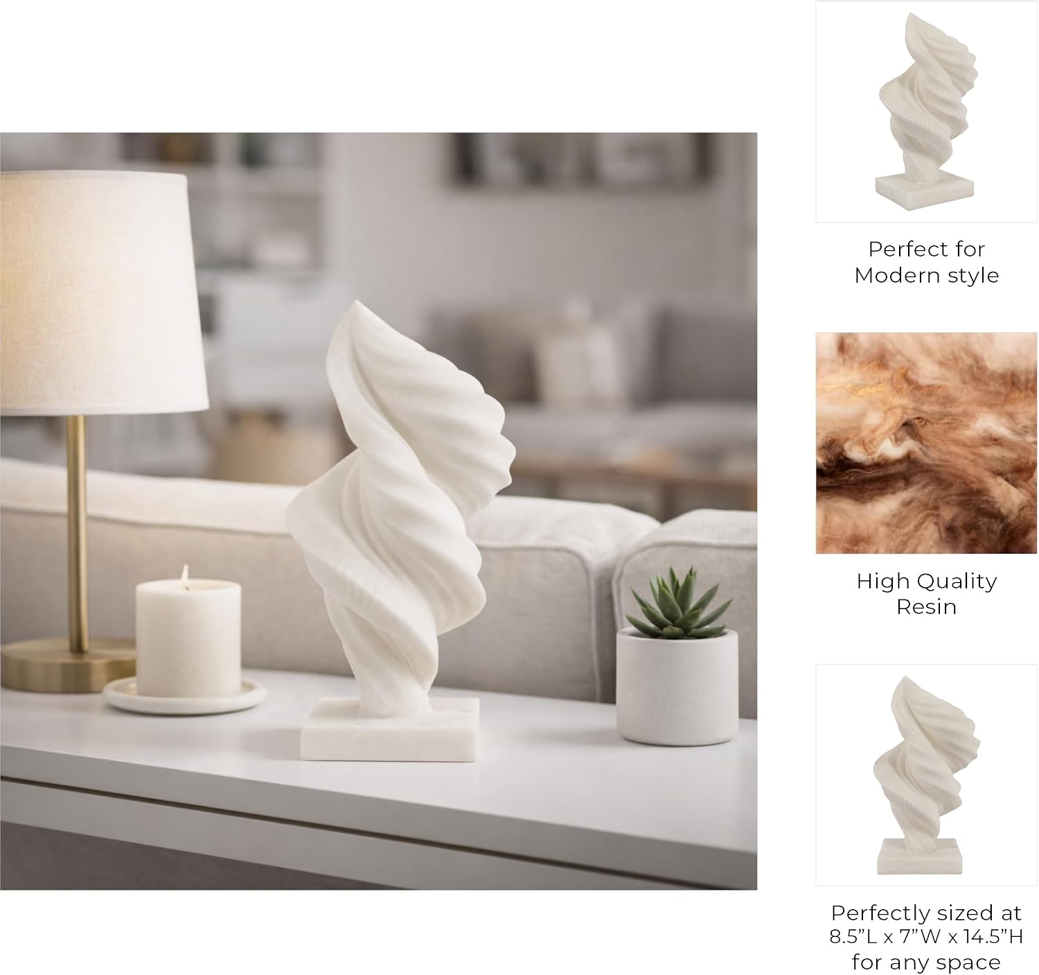 Sculptural Twisted Wave Resin Sculpture for Home Decor - Decorative Living Room Decor for Bathroom and Coffee Table Styling - Ornament Accent for Shelf, Table, or Office Desk - 15", White