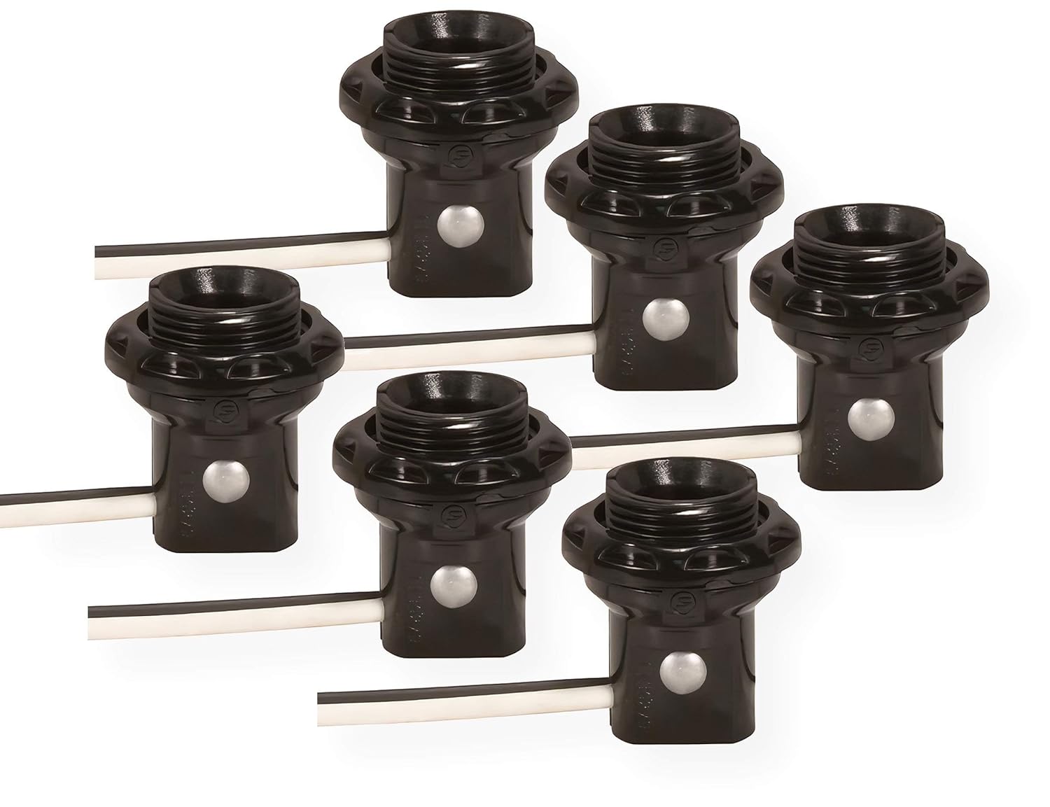 90-1556 Phenolic Threaded Candelabra Sockets with Shoulder and Leads/Rings (Pack of 6), 8" AWM B/W Leads 105°C, 75 Watts, 125 Voltage, 1-1/4" Height, 3/4" Diameter