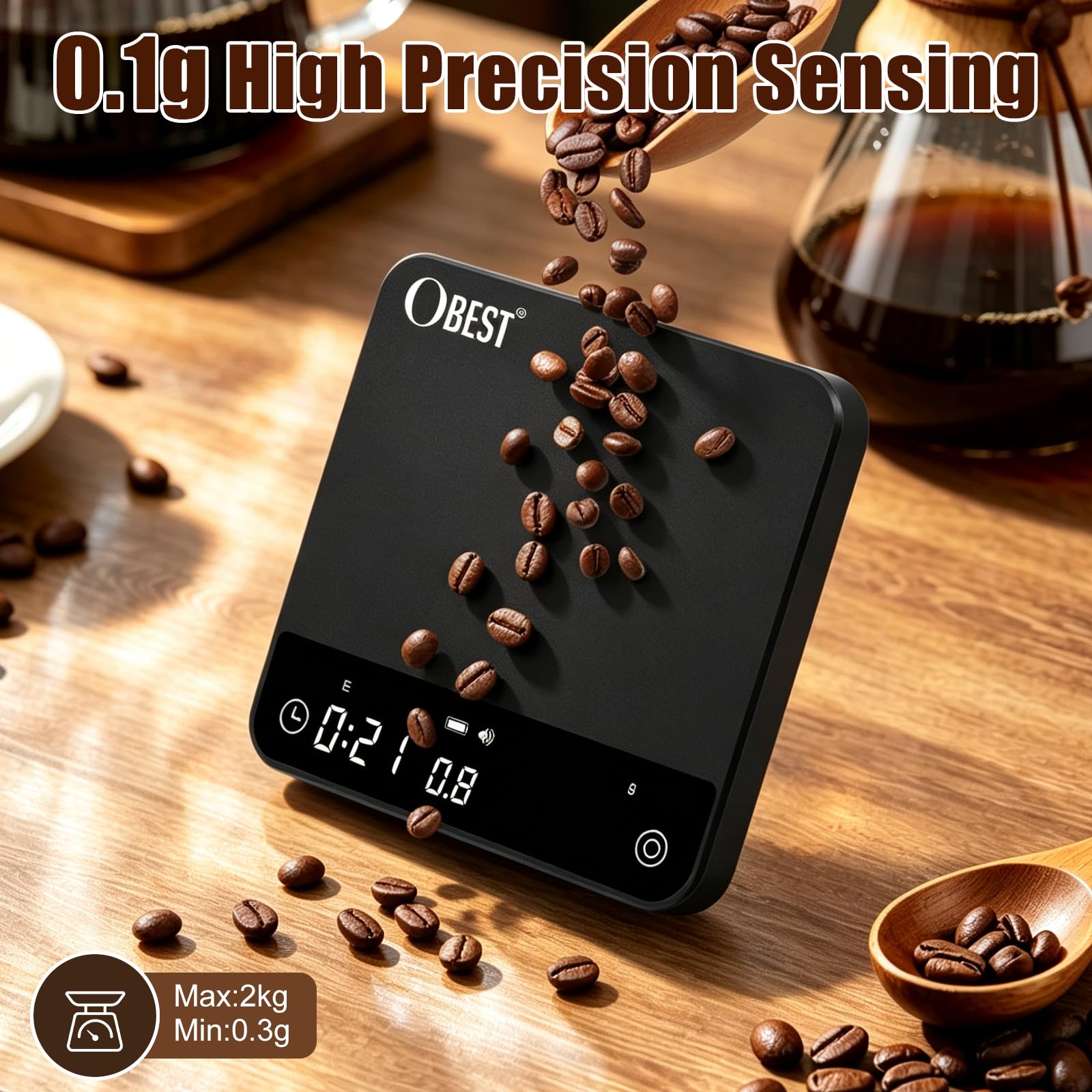 OBEST Balance Numérique à Café avec Minuterie,Précision 0.1g/2kg,4 Modes d'Infusion,Rapport d'Infusion Personnalisable,Tarage Automatique,Balance de Café Numérique pour Verser, Expresso, Presse