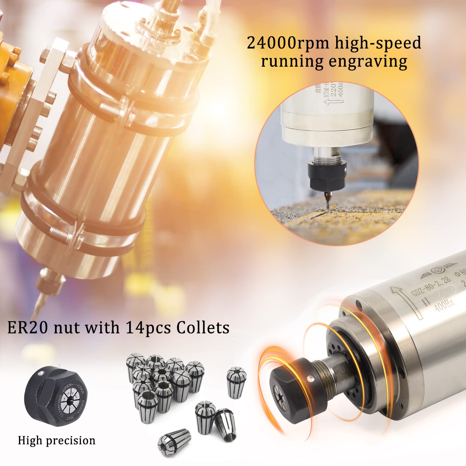 RATTMMOTOR CNC Spindle Motor Kit 2.2KW 220V Water Cooled Spindle Motor ?80mm ER20 400Hz 24000RPM+2.2KW VFD Drive Inverter 3HP+80mm Spindle Motor Mount Clamp+ER20 Collet+Water Pump for CNC Router