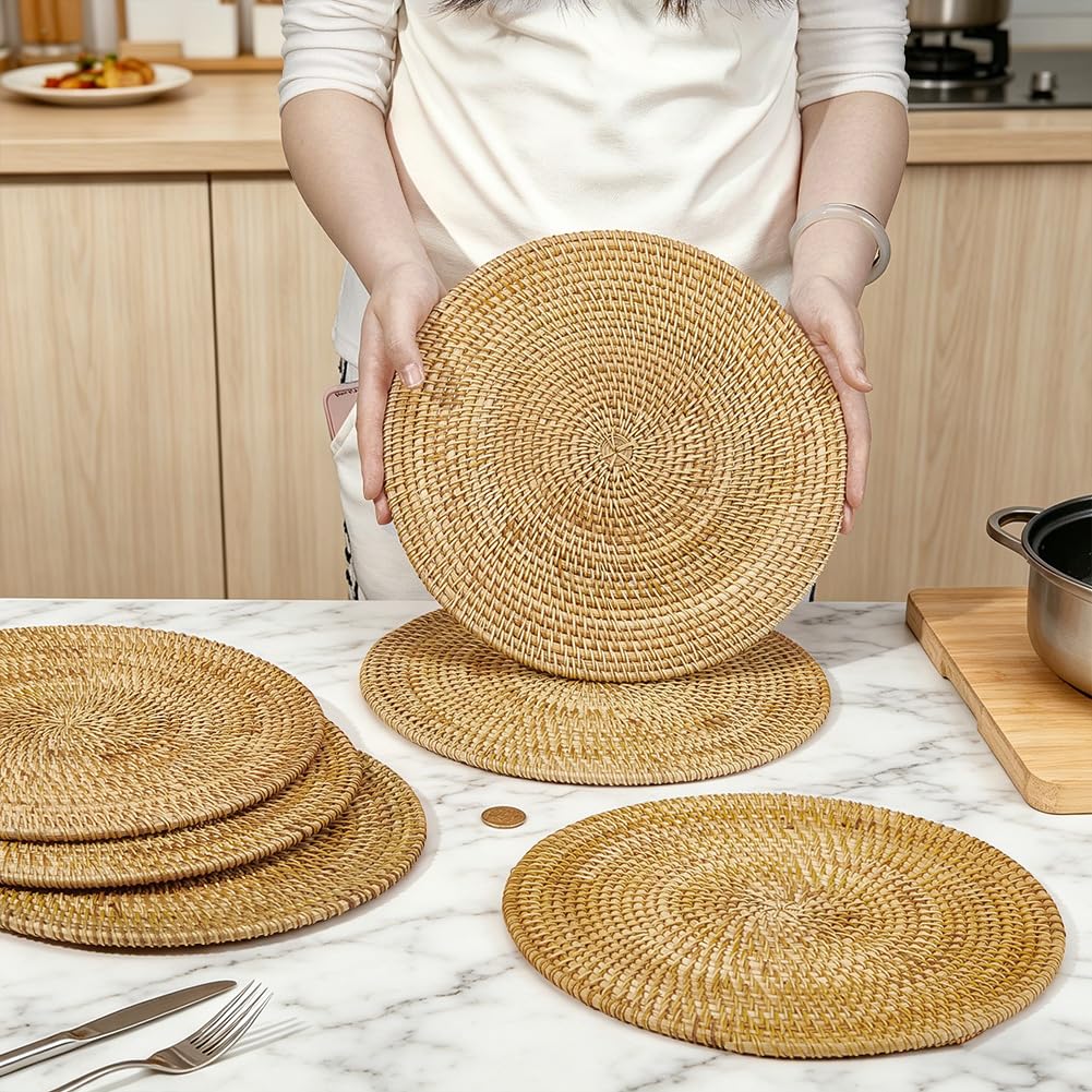 NBEADS 6 Set de Table Rond en Rotin, Sets de Table Tissés de 30cm Sets de Table en Paille Tressée Assiettes de Présentation pour Table à Manger Tomber Action de Grâces Noël