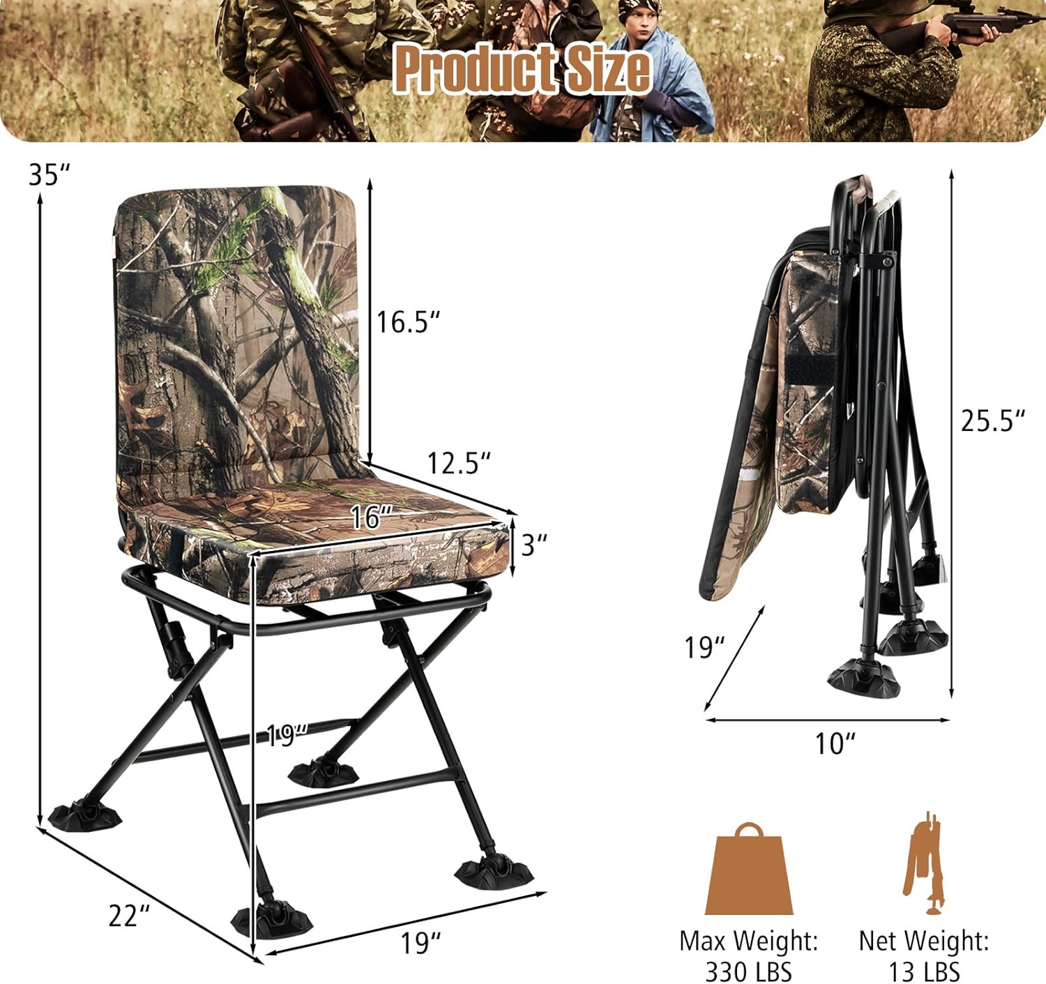 Goplus Hunting Chair, 360° Swivel Hunting Blind Chair w/All-Terrain Duck Feet,Padded Cushion,330LBS Capacity, Folding Silent Deer Hunting Chair, Portable Ground Blind Chair
