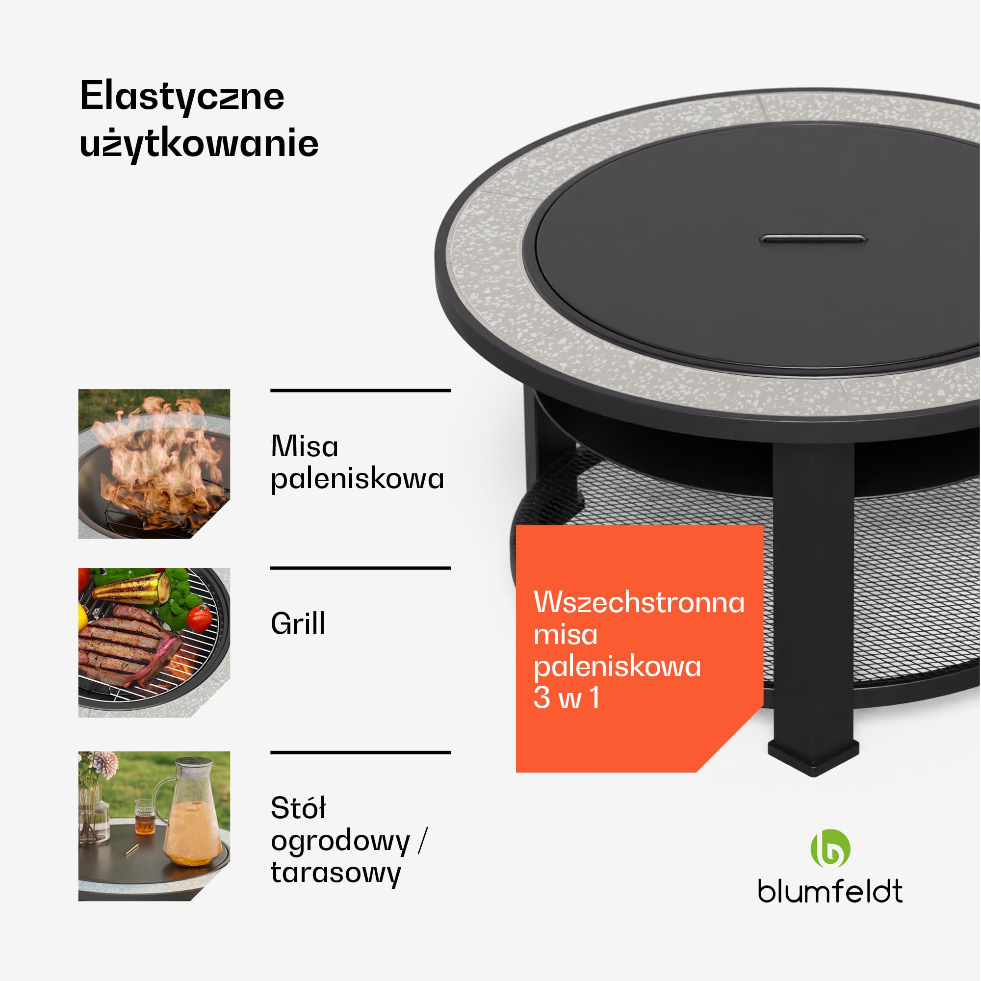 blumfeldt Palenisko ogrodowe 3 w 1 (palenisko, stół, grill), z ochroną przed wysoką temperaturą, rusztem do grillowania, pogrzebaczem, ochroną przed iskrami, ochroną przed deszczem – idealny jako