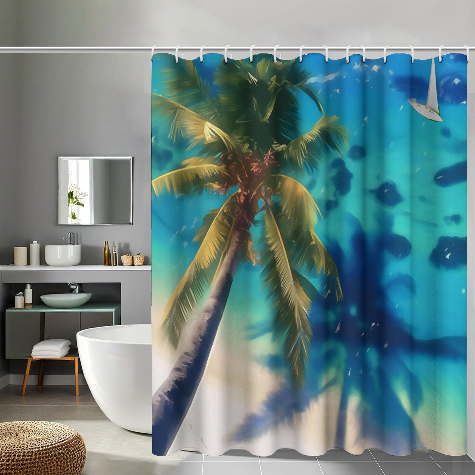 Rideau de douche plage et cocotiers en polyester imperméable 150x180 cm bleu