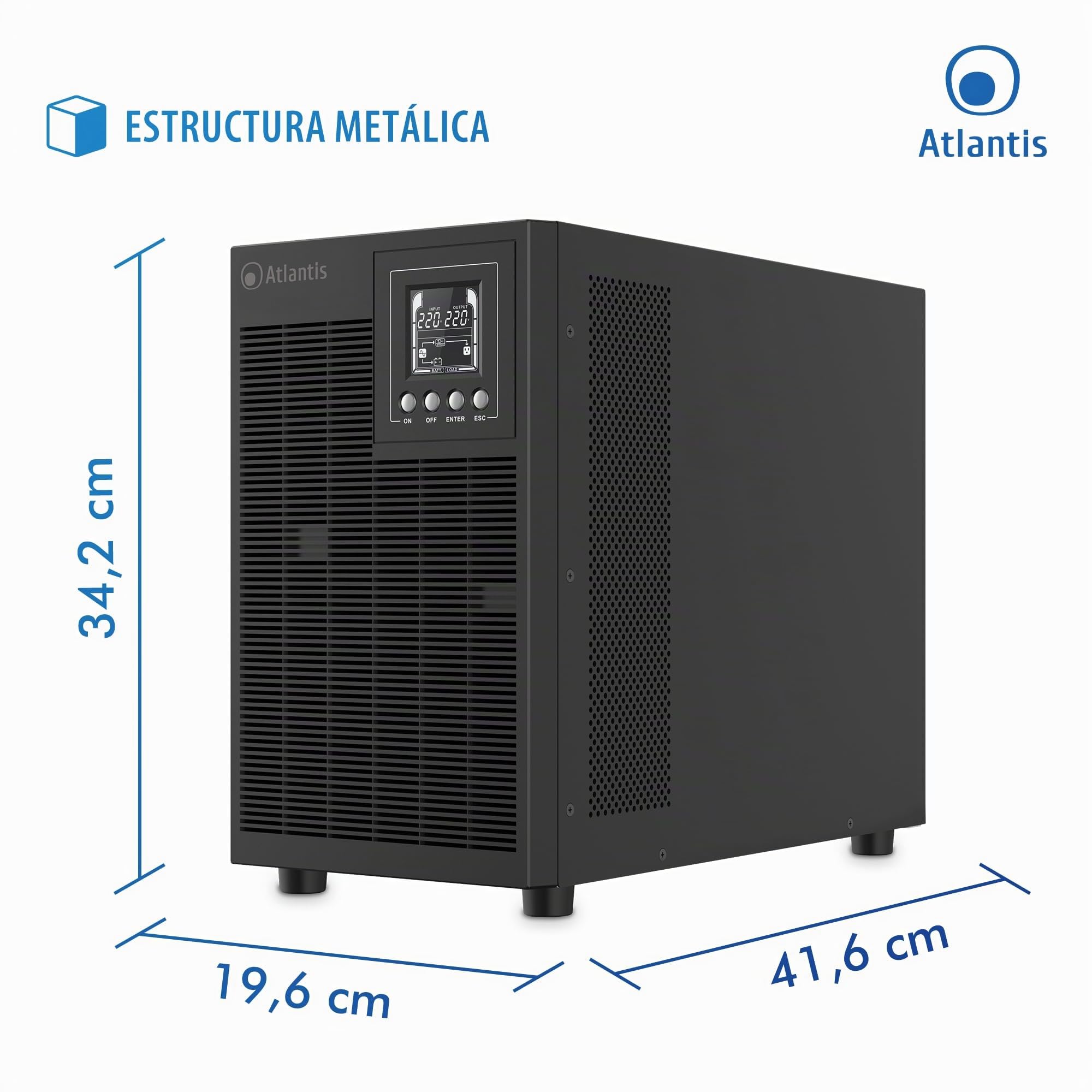 Atlantis A03-OP3002XLN UPS Sistema de alimentación ininterrumpida Online Doble conversión Onda sinusoidal Pura 75% más silencioso 3000VA 2100W, 31,3 dbA, USB, RS-232, 4 IEC, Ranura SNMP, 6x12V 9Ah