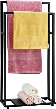 39 Tall Towel Racks for Bathroom, 2 Tier Towel Rack Stand with Storage Shelves, Free Standing Drying Rack for Outdoor, Black, ALHAKIN