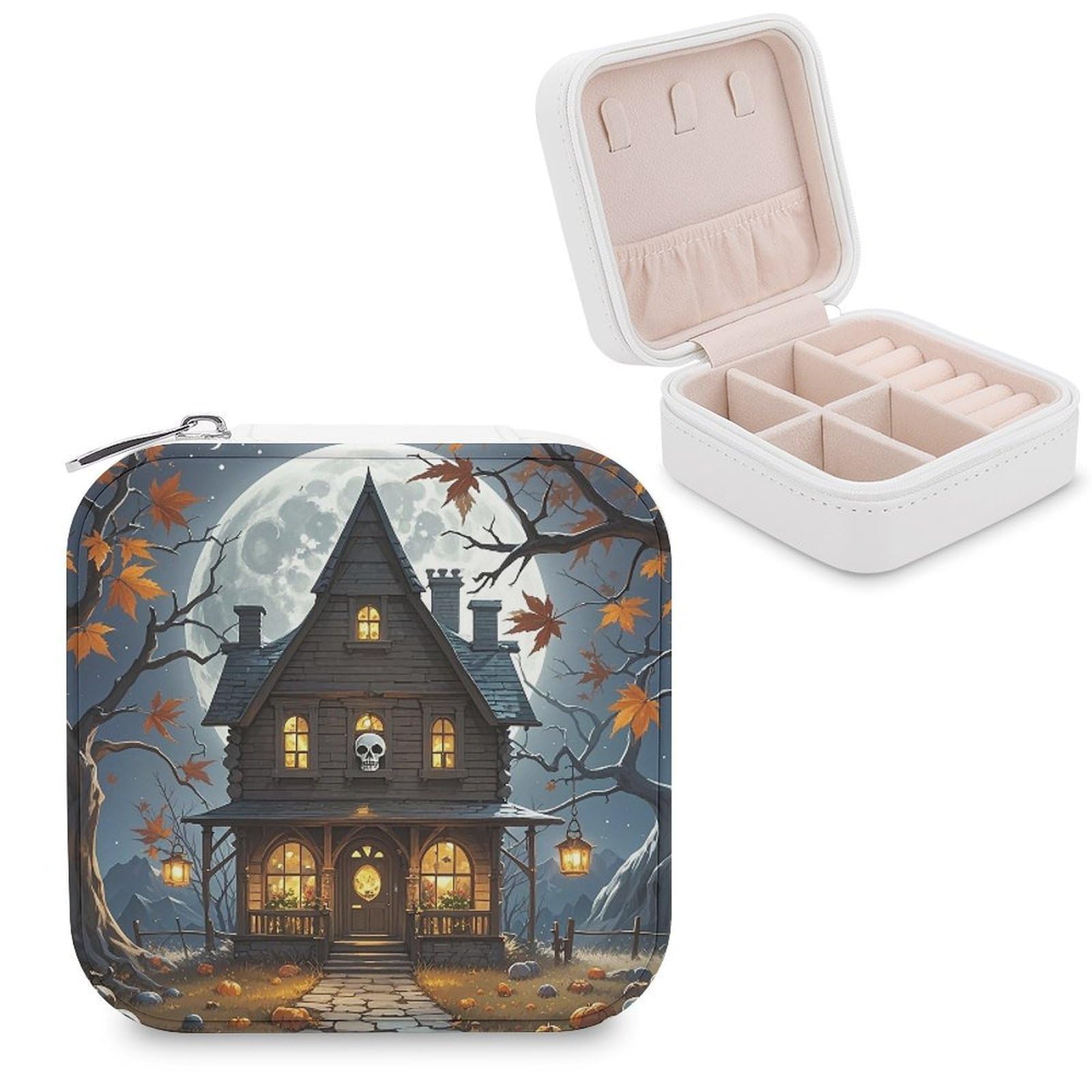 LZQPOEAS Skull Castle Jewelry Box Mini Jewelry Travel Case Trendy Stuff Ring Box Custom PU Leather Jewelry Boxes Portable Jewelry Case Earring Storage Organizer for Girls Women