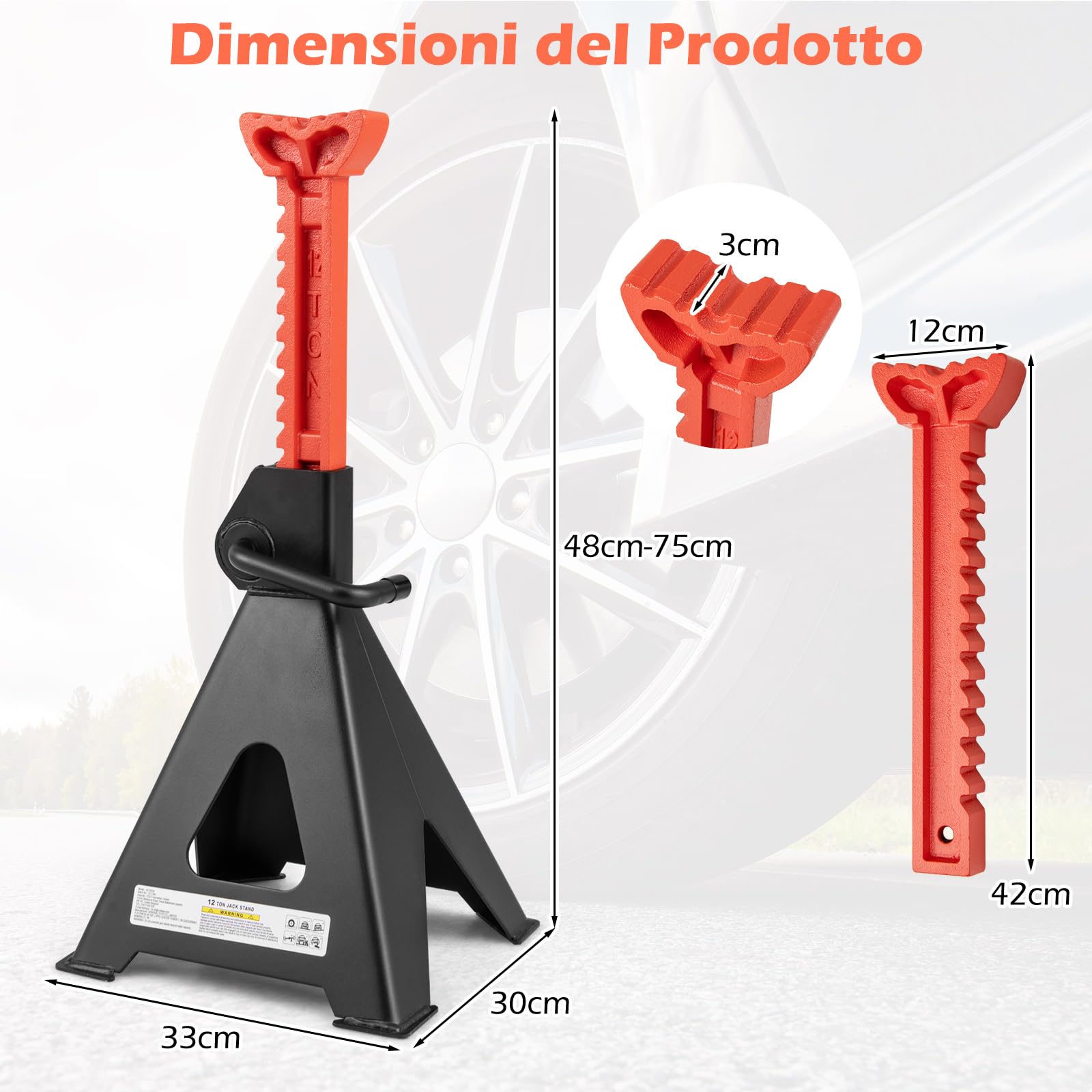COSTWAY Set di 2 Cavalletti per Auto 12 T con Altezza Regolabile 48-75 cm | Coppia di Cavalletti di Sostegno con Blocco della Maniglia per Cric, ideali per SUV, Berlina, Pickup e UTV