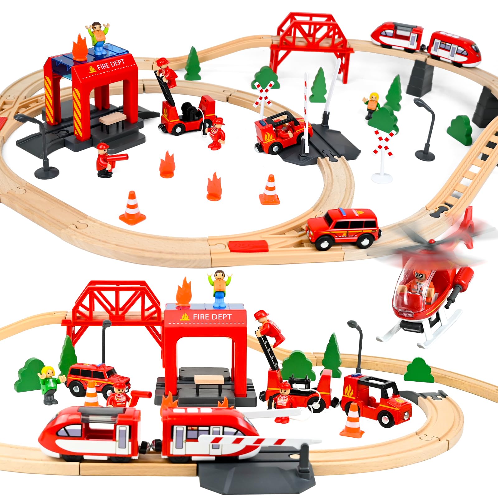 Joellfuner 69 Pièces Circuit Train en Bois, Locomotive Électrique avec Camion de Pompier et Équipe de Secours, Jouets Compatible avec Grandes Marques Mainstream