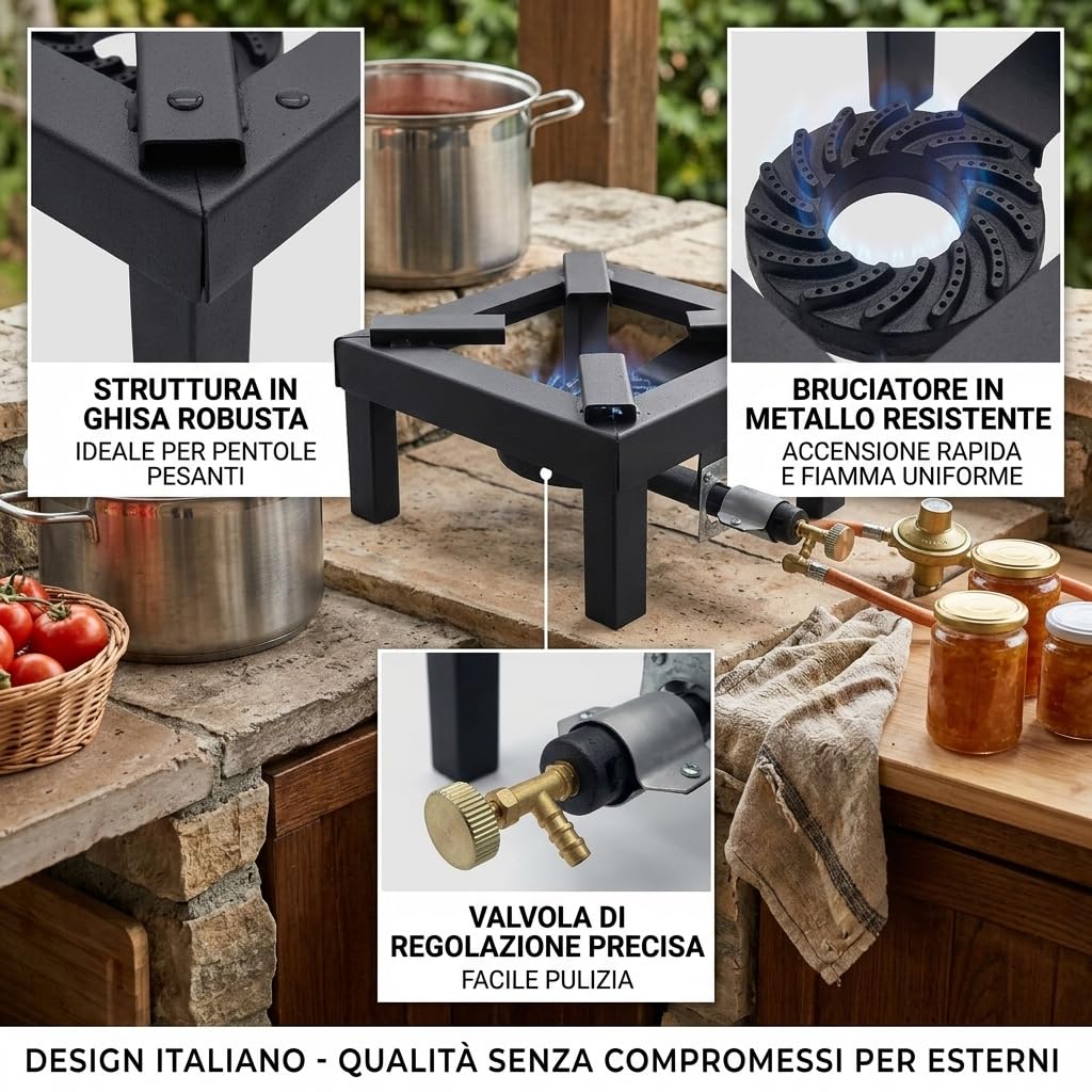 MAKA Gaskocher für den Außenbereich aus Gusseisen, 4 Füße für schwere Töpfe, Brenner aus Metall, mit Ventil, Gasregler, schwarz, schnelle Zündung, einfache Reinigung (30 X 30 Cm)