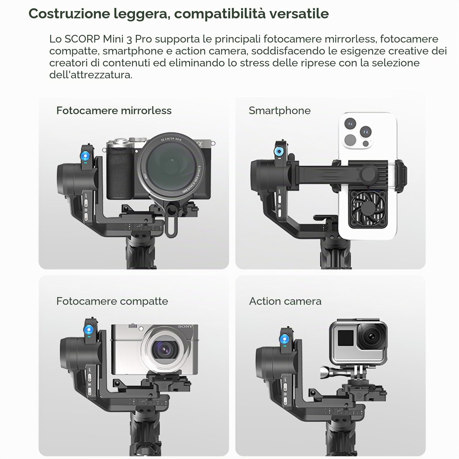FeiyuTech SCORP Mini 3 Pro Kit stabilizzatore per fotocamera a 3 assi, tracciamento AI integrato, gimbal portatile tutto in uno per fotocamera mirrorless, fotocamera tascabile, fotocamera action