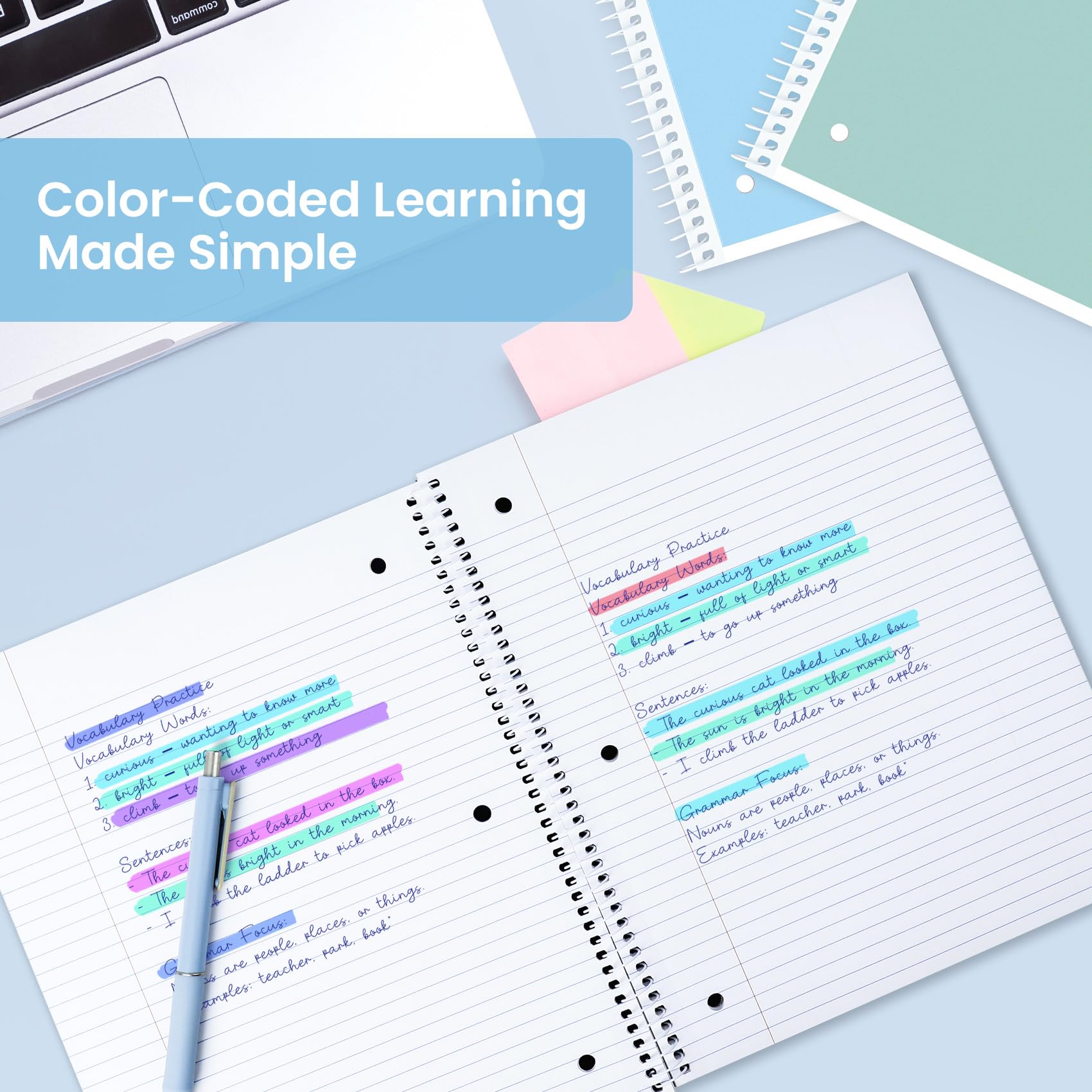 Taja Spiral Notebooks College Ruled, 4 Pack, 8" x 10-1/2", 140 Pages (70 Sheets), 3-Hole Punched Paper, Assorted Pastel Colors, 1-Subject Notebooks for School, Office, and Home Writing, Blue & Green - Image 6