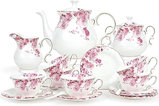 fanquare 21 Piece Red Lotus Porcelain Tea Set, Elegant Flower Coffee Cup and Saucer, Afternoon Tea Set for Adult Gifts