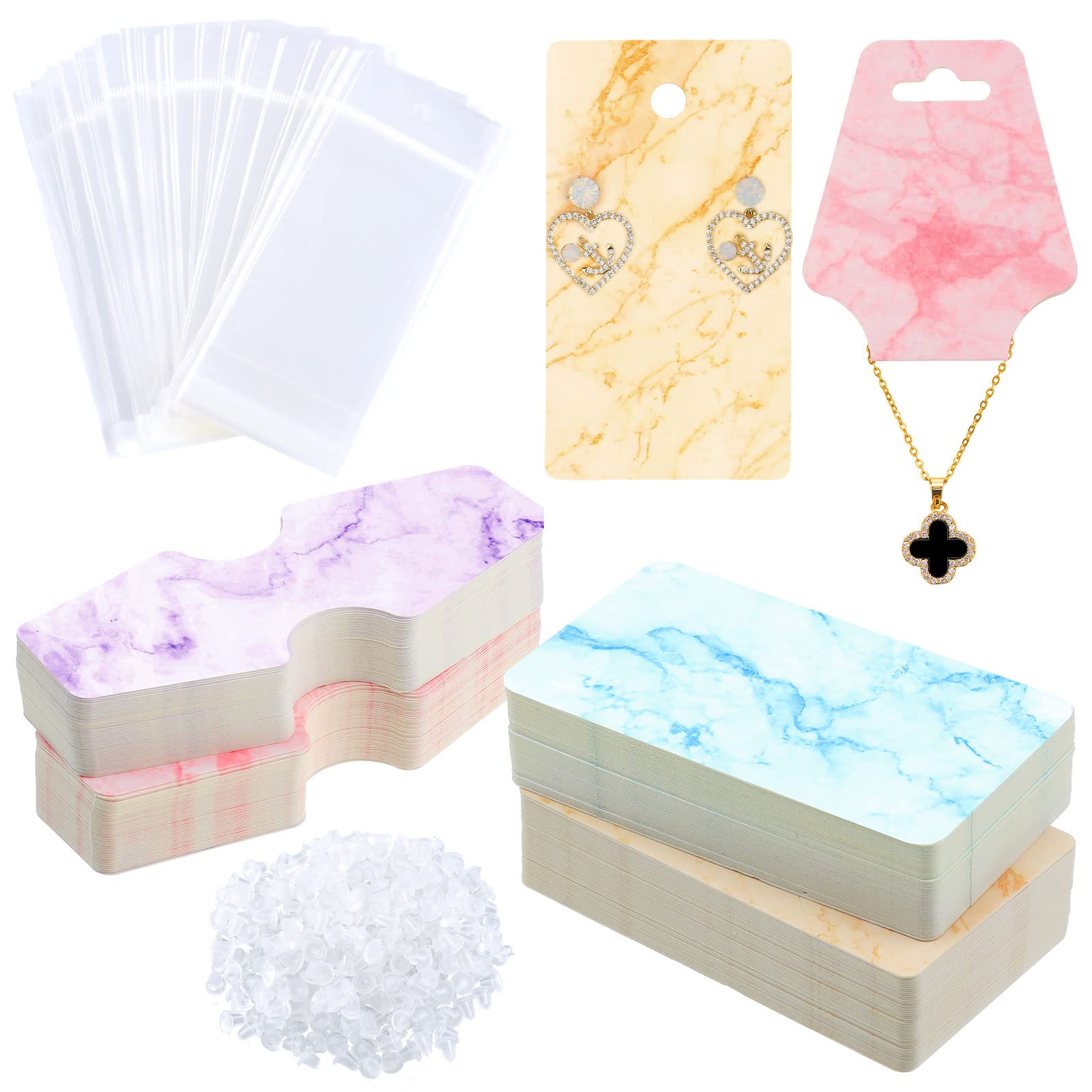500 Pcs Marble Jewelry Necklace Card Display Holder Set Include 100 Pcs 3.5 x 2 Inch 100 Pcs 4.7 x 2 Inch Earring Display Cards 200 Pcs Earring Backs 100 Self-Seal Packing Bags (Bright Colors)