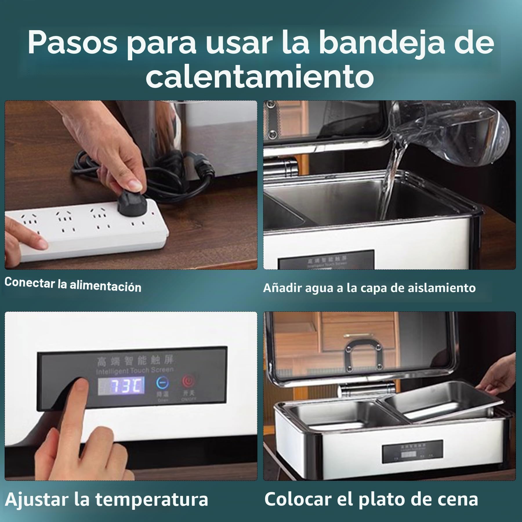 Chafing Dish Electrico, 9L Calentador de Buffet in Acero Inoxidable | Calentador de Comida Electrico con Controles Táctiles y Tapa de Cristal para Buffet y Fiestas, Temperatura Regulable