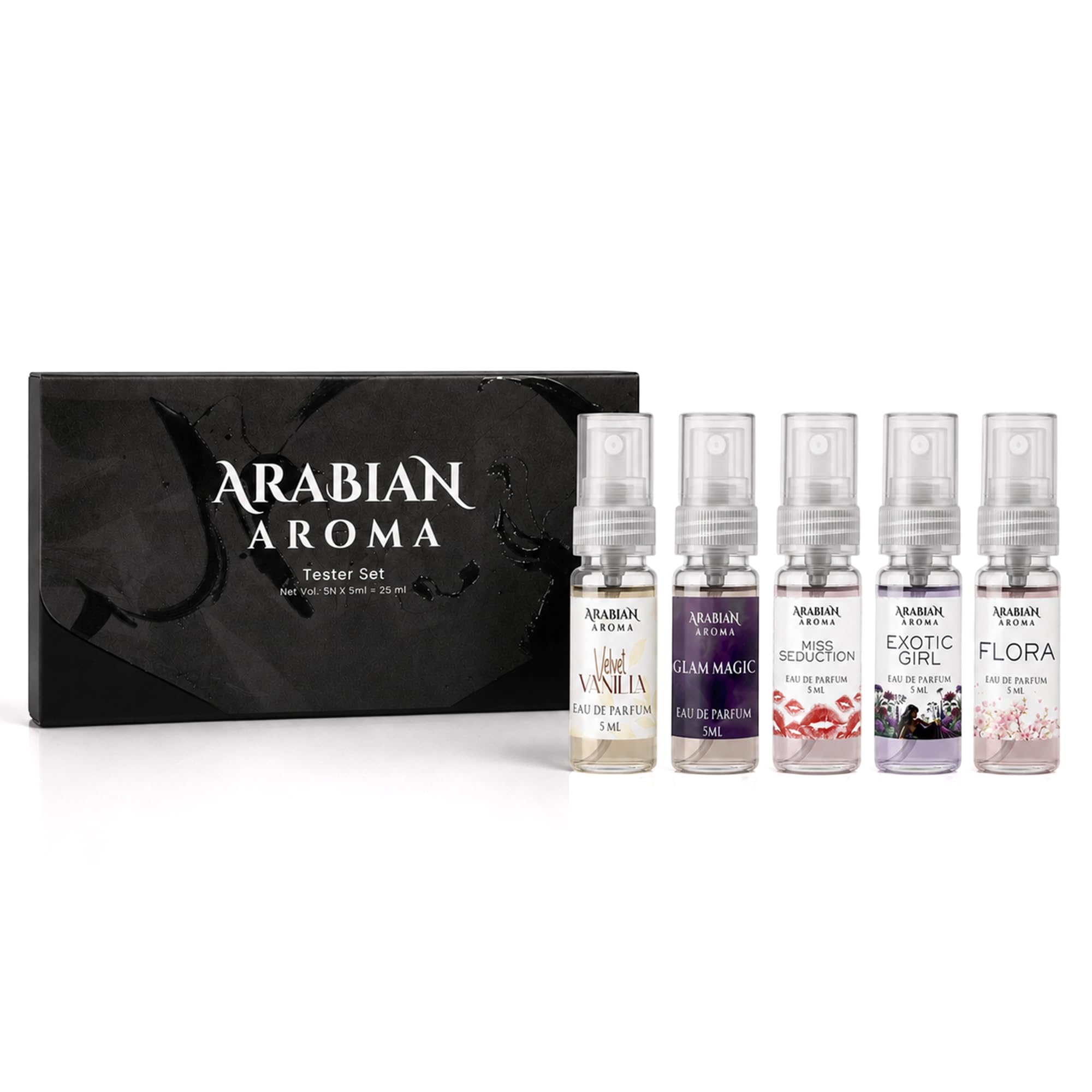 Arabian Aroma Classic Women Perfume Tester Set Pack of 5 x 5ml | Long Lasting, Velvet Vanilla, Glam Magic, Miss Seduction, Exotic Girl & Flora.-image-18