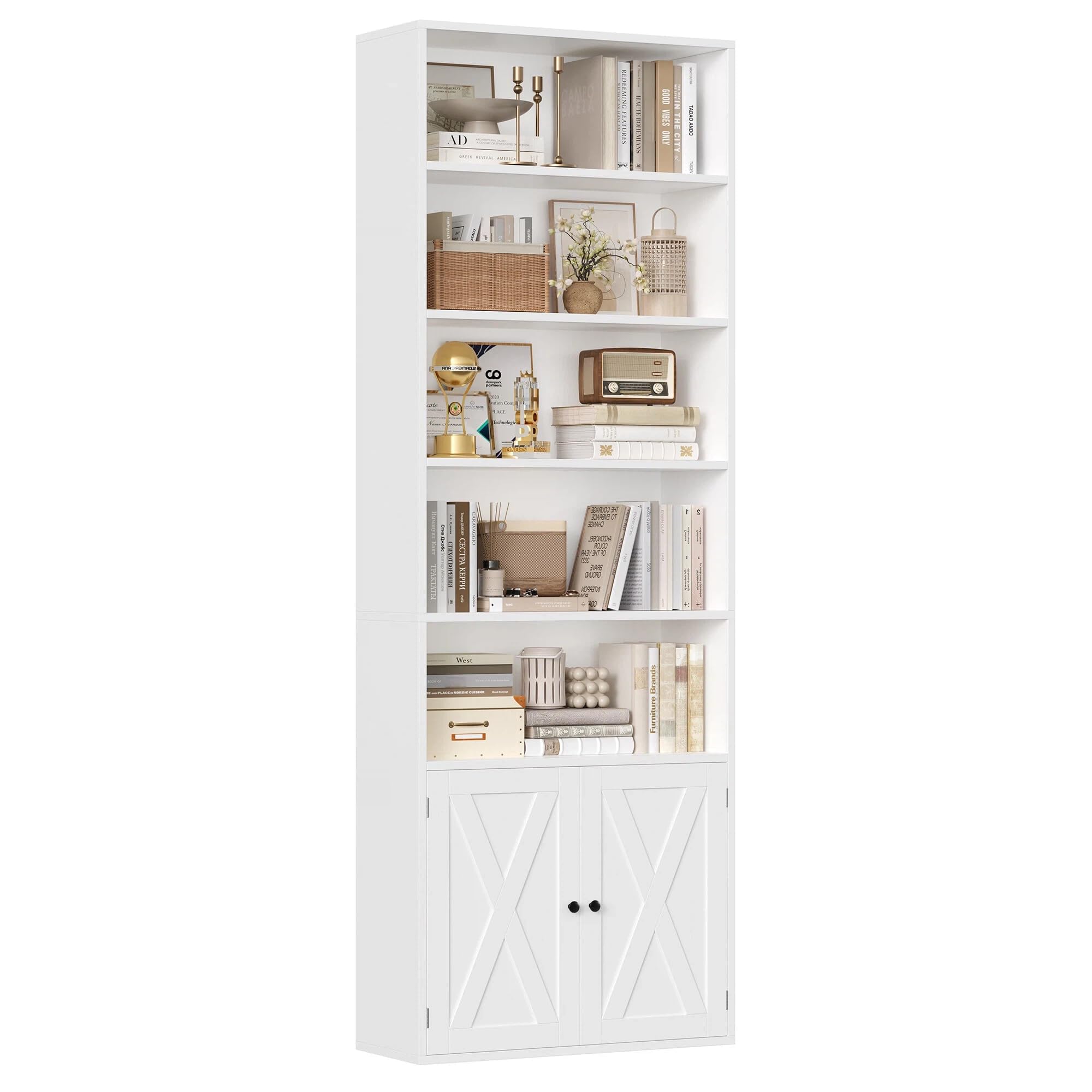 FirFurd Libreria Scaffale 209 cm con 7 Scomparti Aperti, libreria Verticale con Ante, Libreria da Parete con Ripiano Regolabile, per soggiorno, ufficio, cucina, 60 x 23,5 x 209 cm (Bianco)