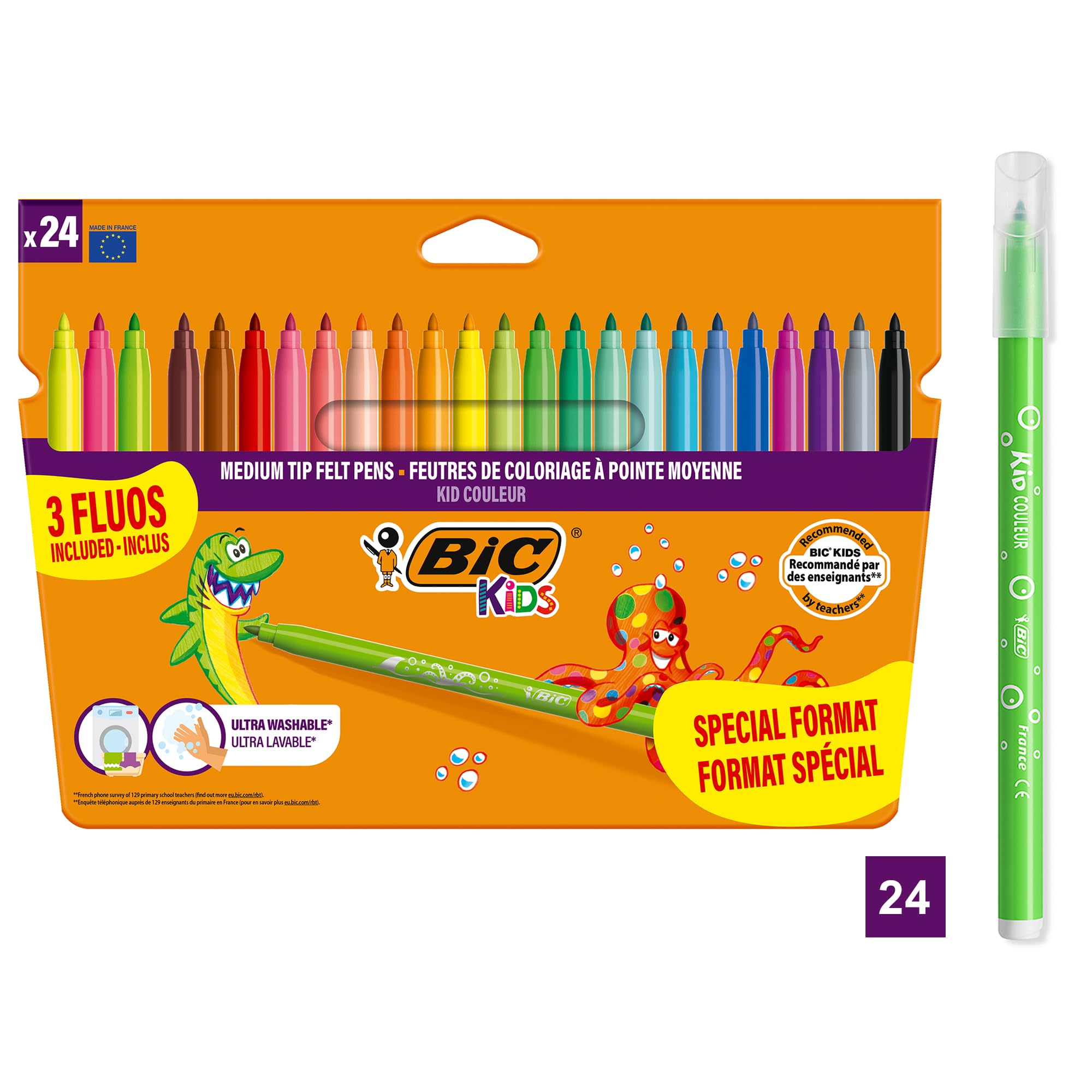 BIC Kids Filzstifte Set Kid Couleur, Fasermaler zum Malen in 24 auswaschbaren Farben, inkl. Neonfarben, im Karton Etui, ab 5 Jahre