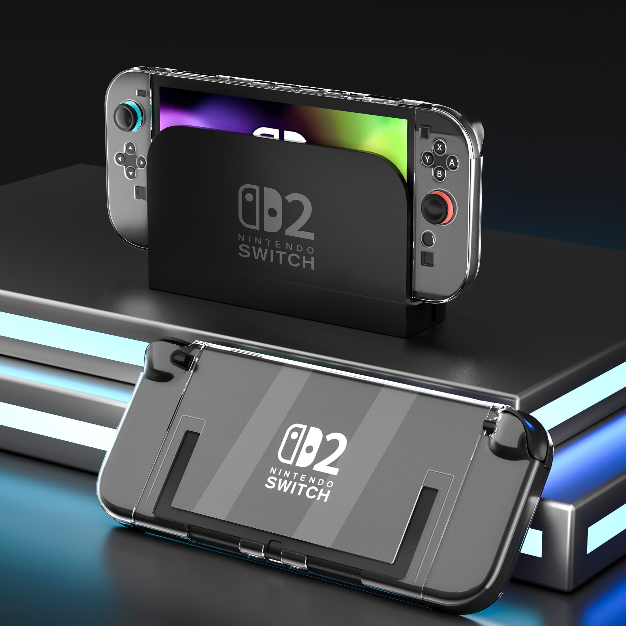 RHOTALL Funda Acoplable Compatible con Nintendo Switch 2 (2025), Funda Protectora RíGida Transparente Y Delgada para Switch 2 con Grip Transparente Desmontable, Protector De Pantalla