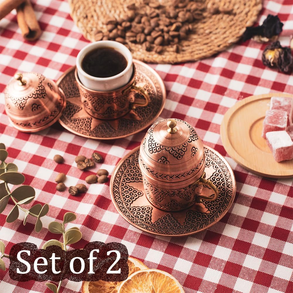 Pure Copper Turkish Arabic Greek Moroccan Coffee Espresso Cup and Saucer Set of 2 Lid Mug Inner Porcelain Serving Drinking Drink Gift Mini Small Fancy Antique Handmade for Home Vintage Unique - Image 6