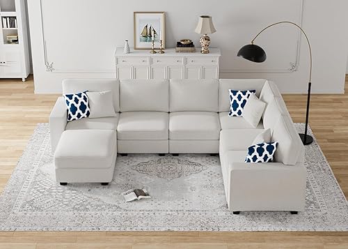 Miniatura 8 de Legend Vansen Sofá modular modular en forma de U con otomana, moderno, reversible, esquinero, sofá seccional para sala de estar (crema, sofá en
