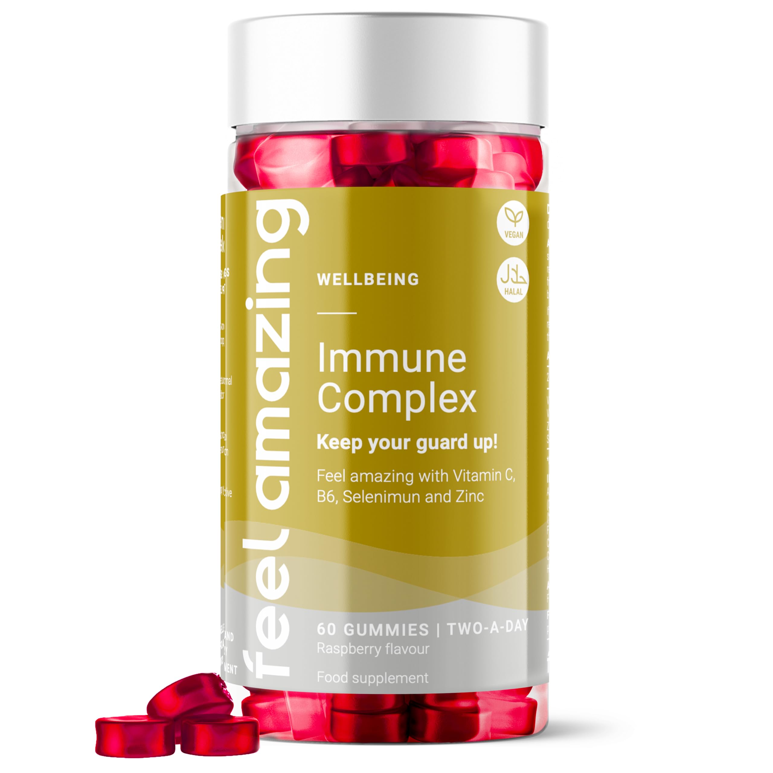 Feel Amazing Immune Complex Gummies - Immune System Support - with Vitamin C, Zinc, Selenium & Vitamin B6 - Raspberry Flavour, Vegan, Halal, 60 Gummies, 30-Day Supply (1 Month Supply)