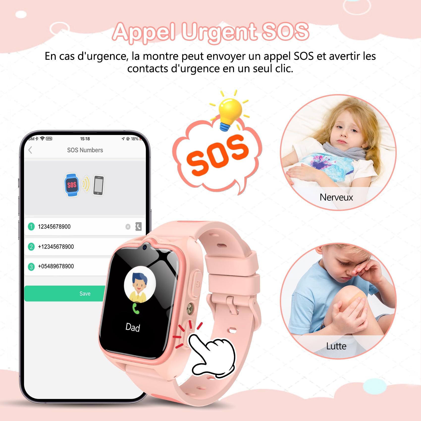 IOWODO Montre Connectée 4G pour Enfants GPS, Appels Vidéo, SOS, Lampe Torche LED, Mode Classe, Jeux, Appareil Photo, étanche IP68, Cadeau et Jouet pour Filles et Garçons
