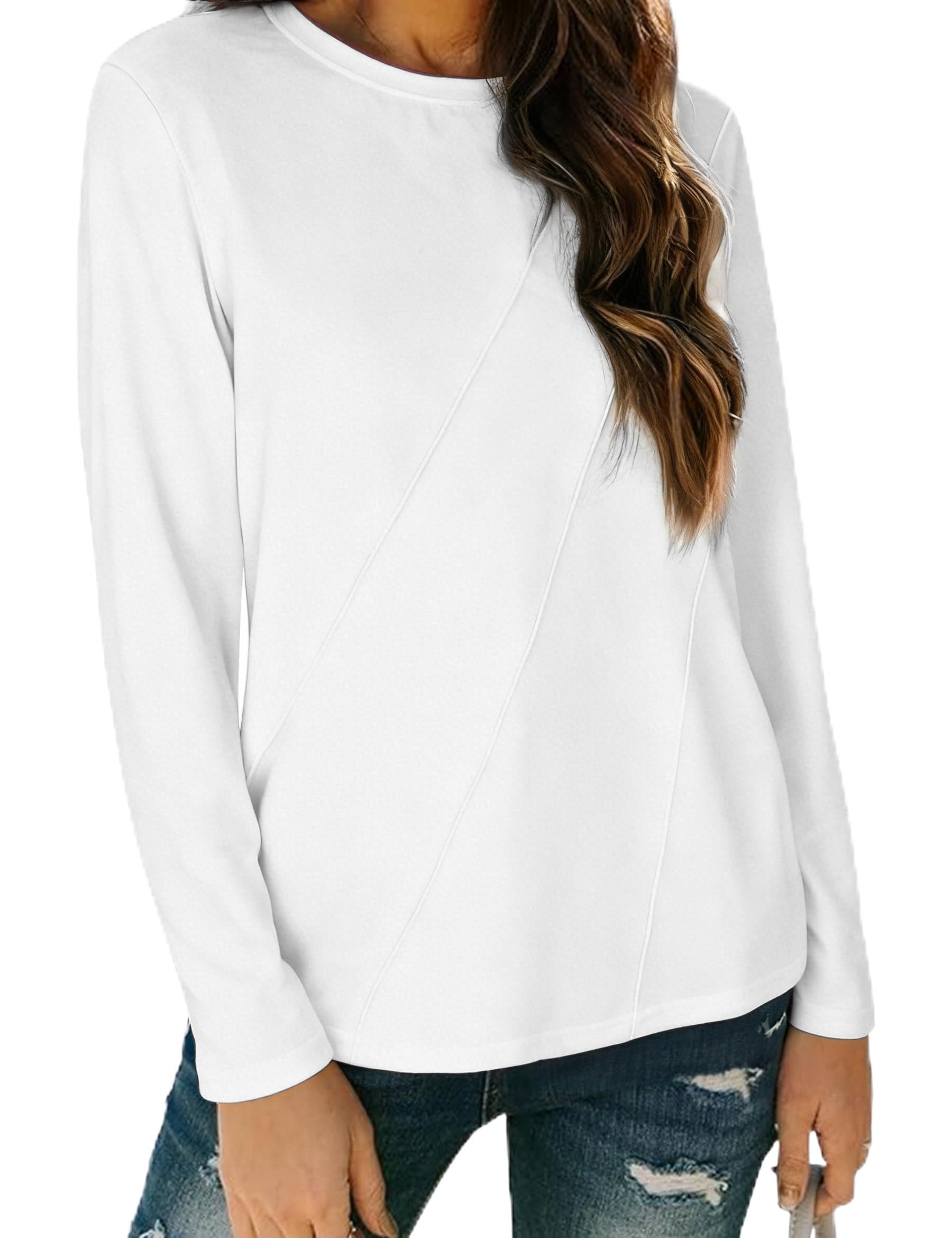 Demegimi Damen Langarmshirt Elegant Locker Rundhals Oberteile Casual Falten Longshirt Einfarbig Bluse Tops Herbst Tunika