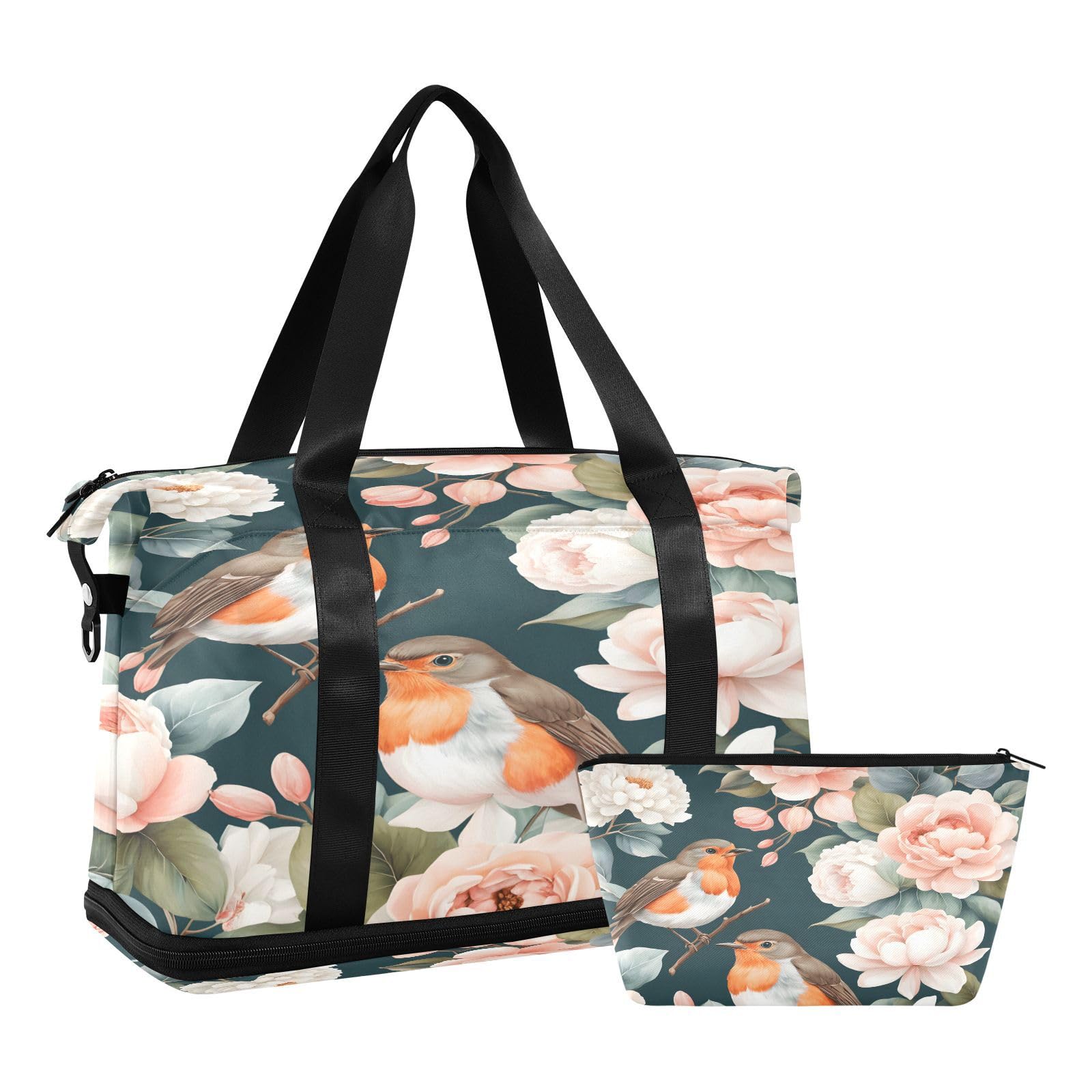 Borsa sportiva da palestra per uomini e donne, con pettirosso, pesca, rose, fiori, borsone da viaggio con scomparto per scarpe pieghevole, borsa da yoga per ragazzi e ragazze, borsa per la