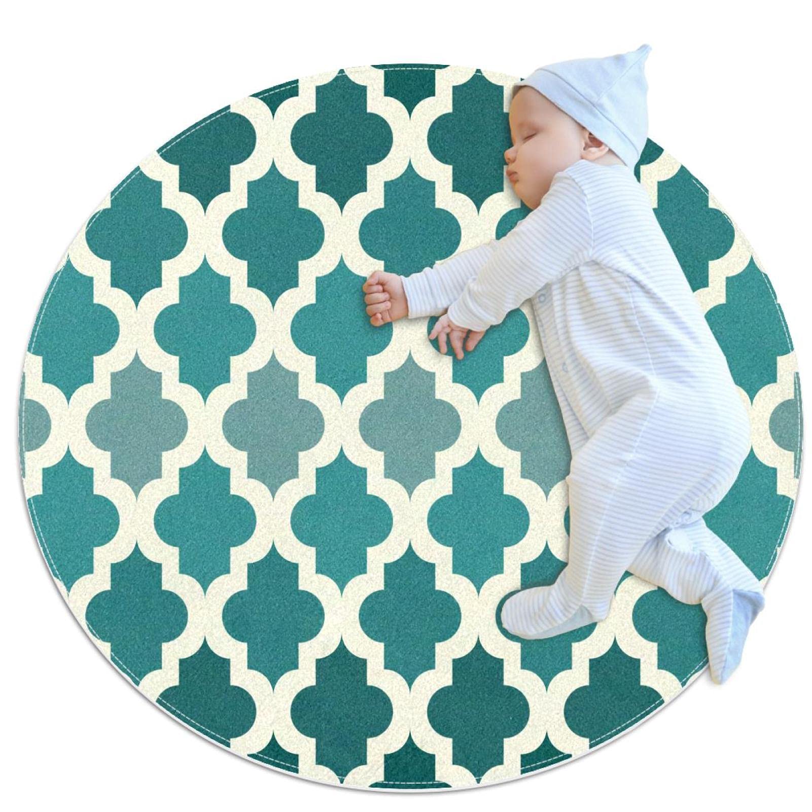 Tapis de salle de bain vert émeraude rond 1m motif marocain