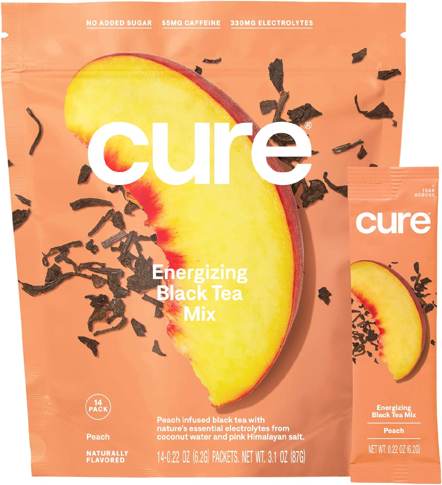 Cure Peach Tea Energizing Hydration Mix - Natural Energy Drink with Electrolytes and Caffeine | Made with Coconut Water | No Added Sugar | Vegan | Pouch of 14 Energy Packets - Peach Tea