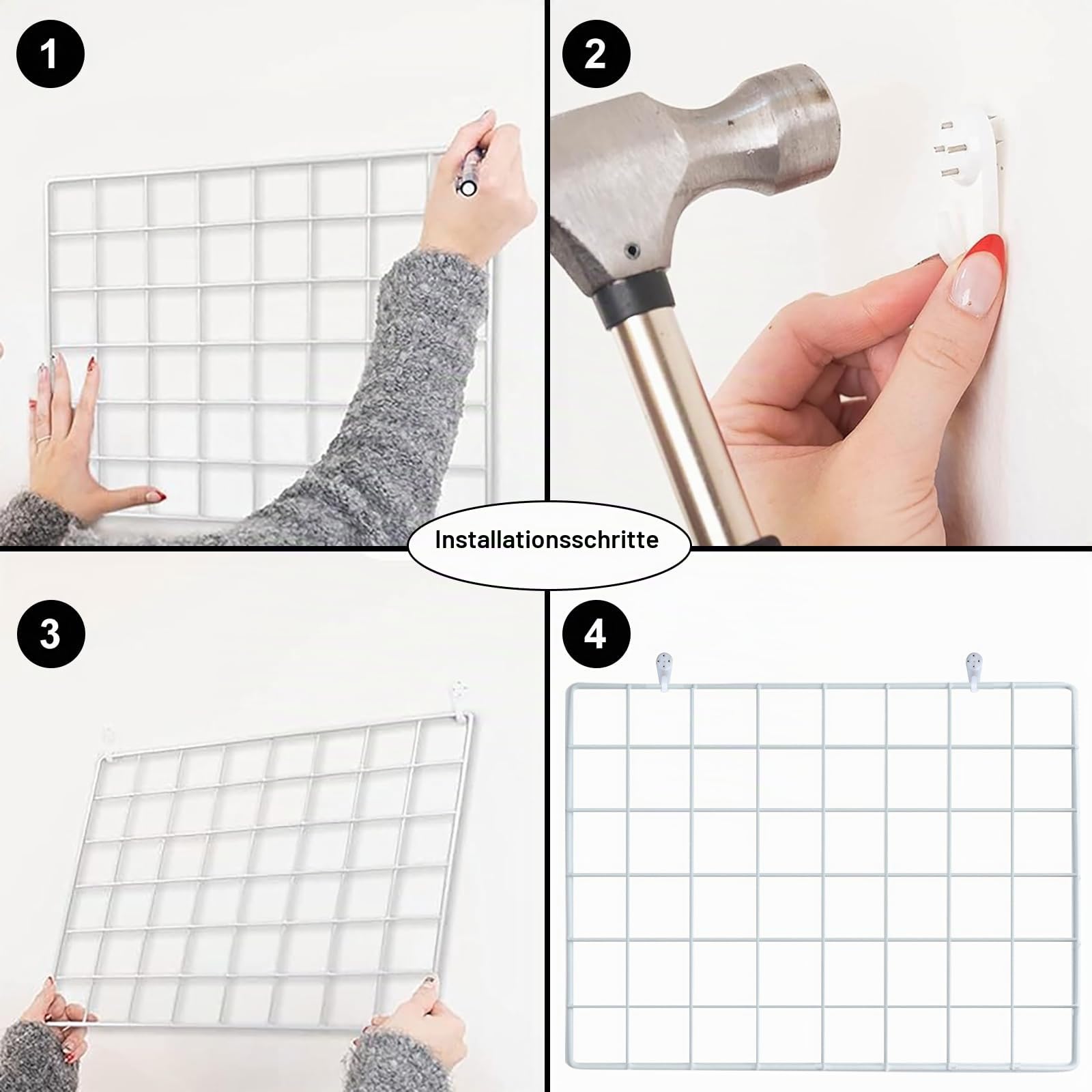 4-teiliges Wandgitter (mit Zubehör) Gitter-Pinnwand Fotogitter, Memotafel und Fotowand, dekoratives Metallgitter für Büro, Küche, Zimmer und mehr. (Weiß)