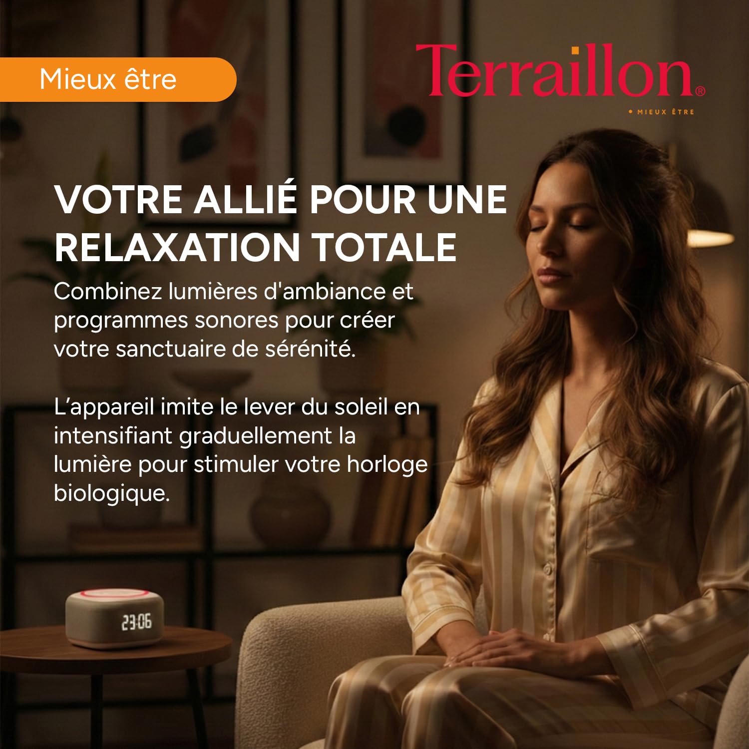 TERRAILLON - ZEN RISE - Aide à l'endormissement et relaxation, Réveil et simulateur d'aube, 10 ambiance sonores et 4 modes lumineux, Prog 10/30/60 min, Bluetooth, USB-C
