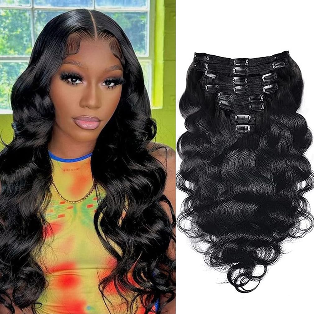 Clip in Hair Extensions Real Human Hair 16 Inch Double Weft Seamless Clip ins Brazilian Body Wave Virgin Human Hair Extensions for Women 8Pcs 100g 20 Clips Natural Black