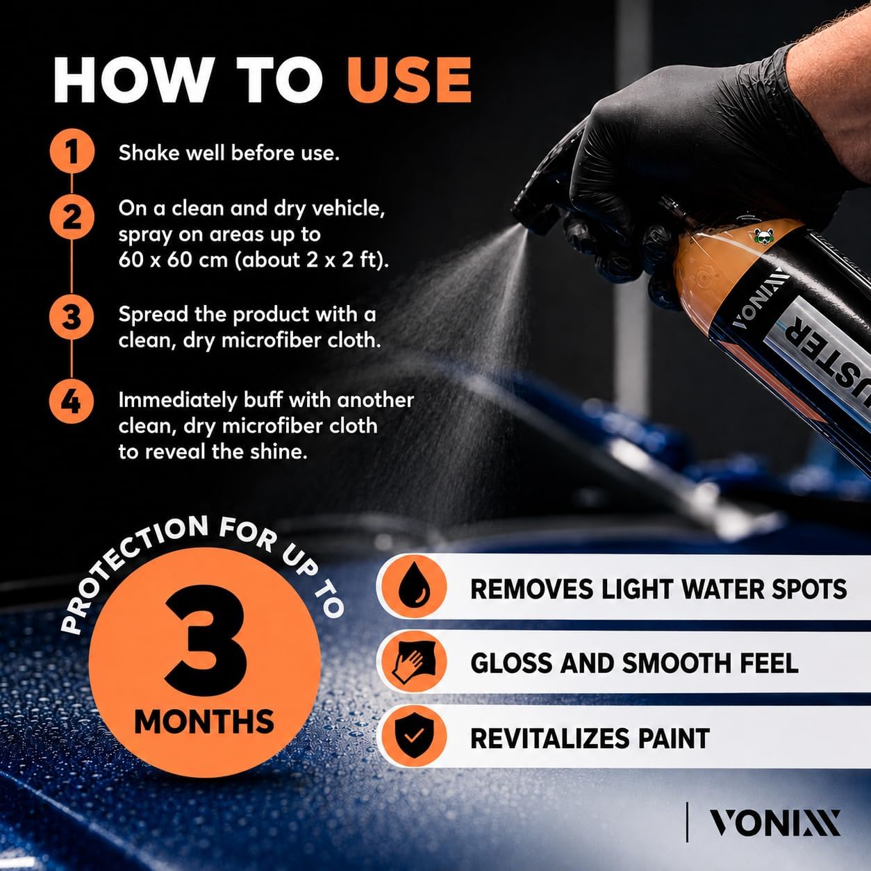 Vonixx Luster 4-in-1 Cleaner Wax Spray, 16.9 fl oz (500 mL), Carnauba and SiO2, Gloss and Hydrophobic Protection